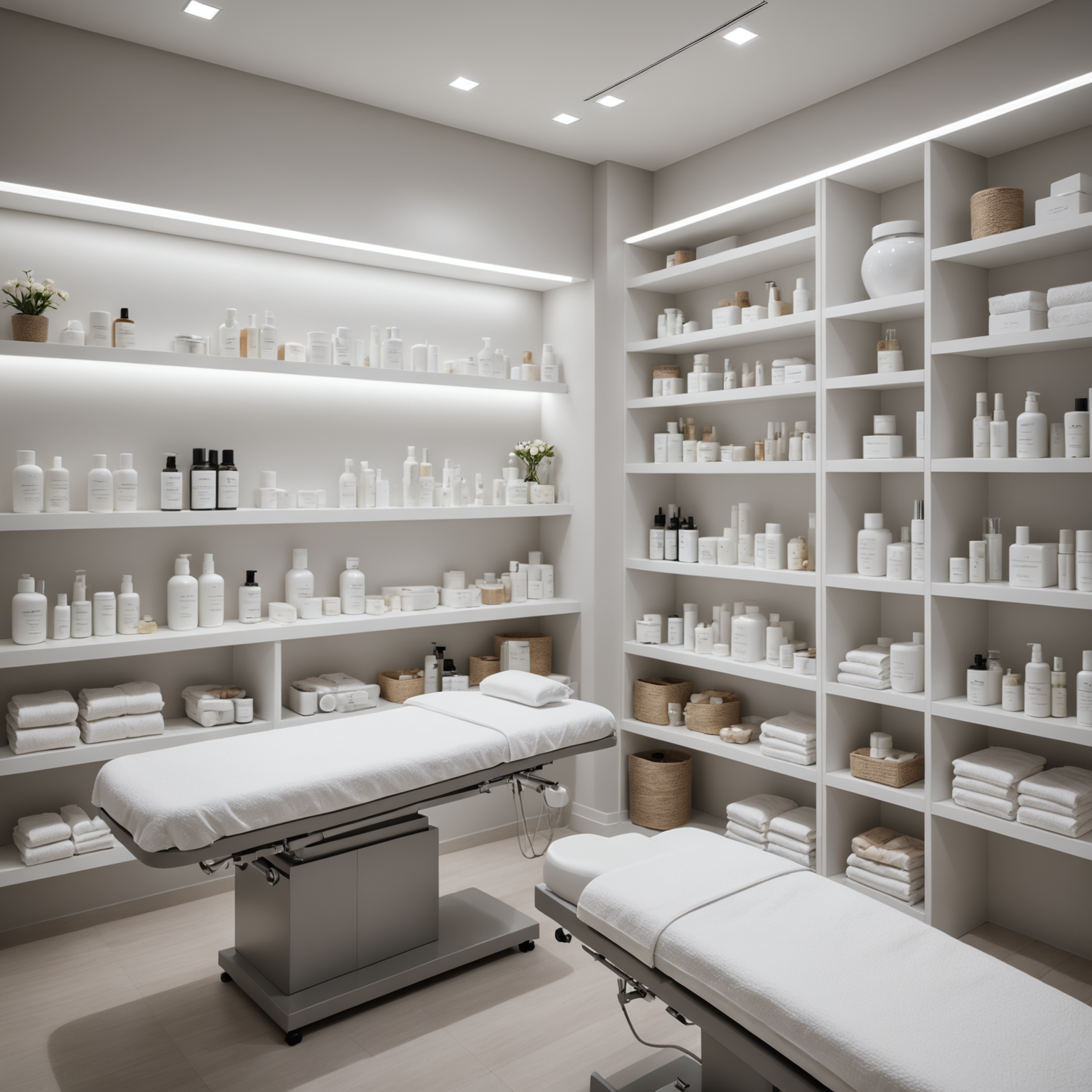 A beautifully arranged treatment room in a cosmetic clinic with skincare products, clean linens, and a serene atmosphere.