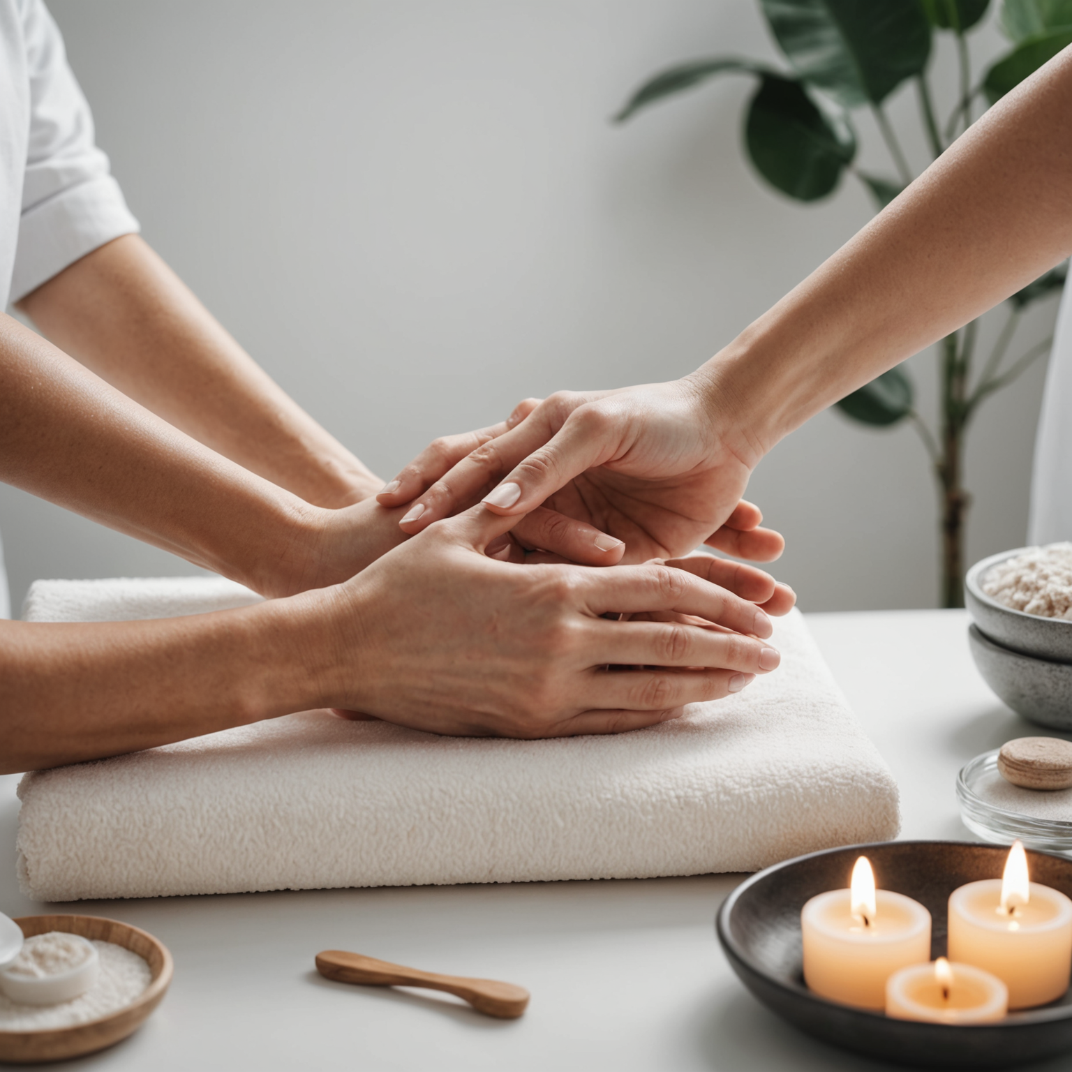 A serene spa interior showing an esthetician's hands preparing for a dermaplaning session with tools laid out.