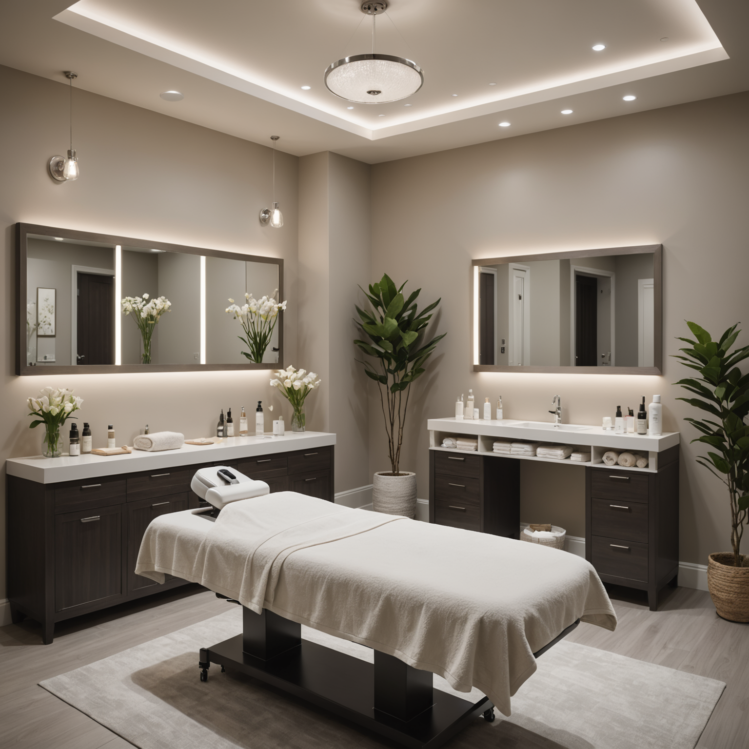 A tranquil spa treatment room with an esthetician preparing dermaplaning tools.
