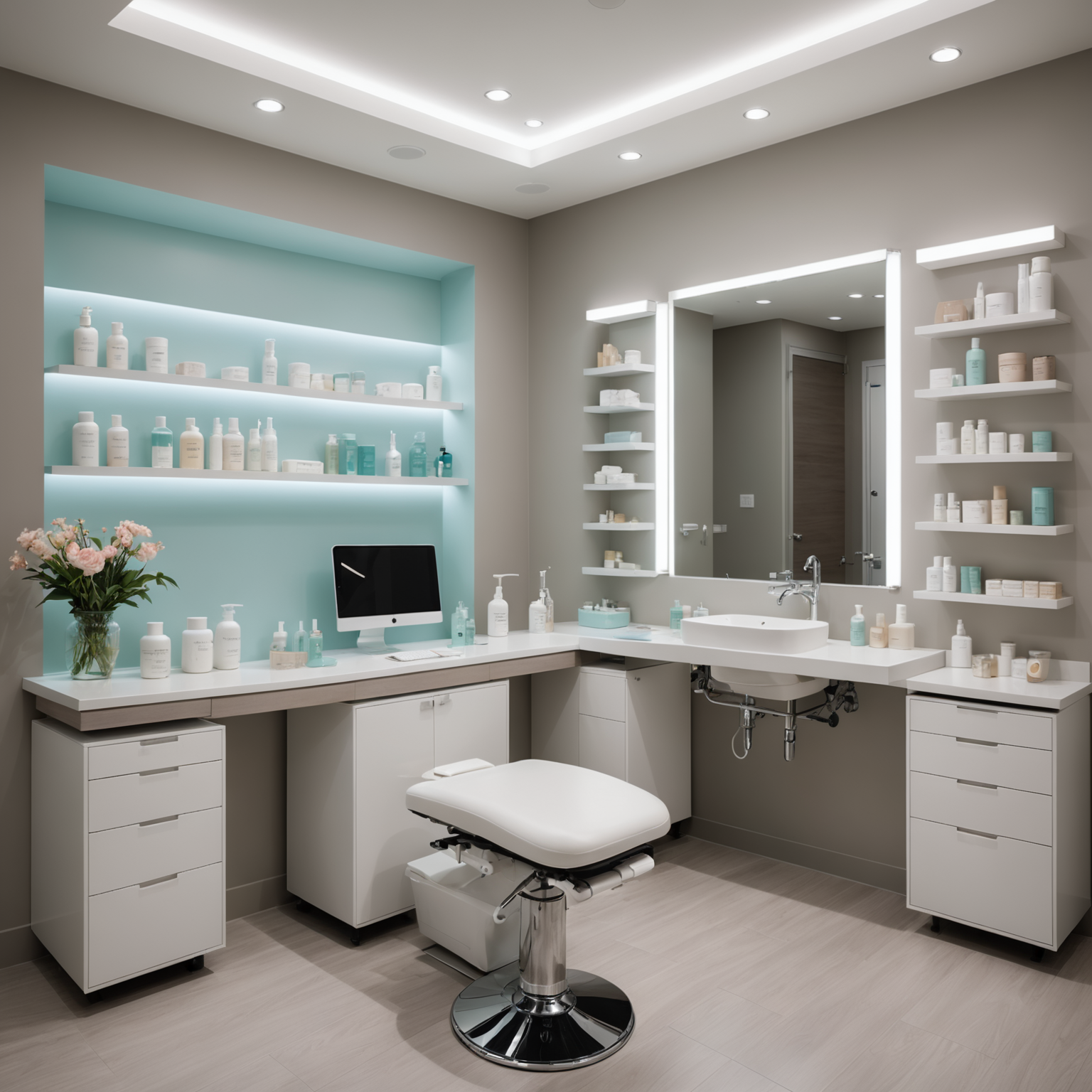 A serene, well-lit treatment room with sterile tools and skincare products neatly arranged, suggesting a professional and inviting clinic environment.