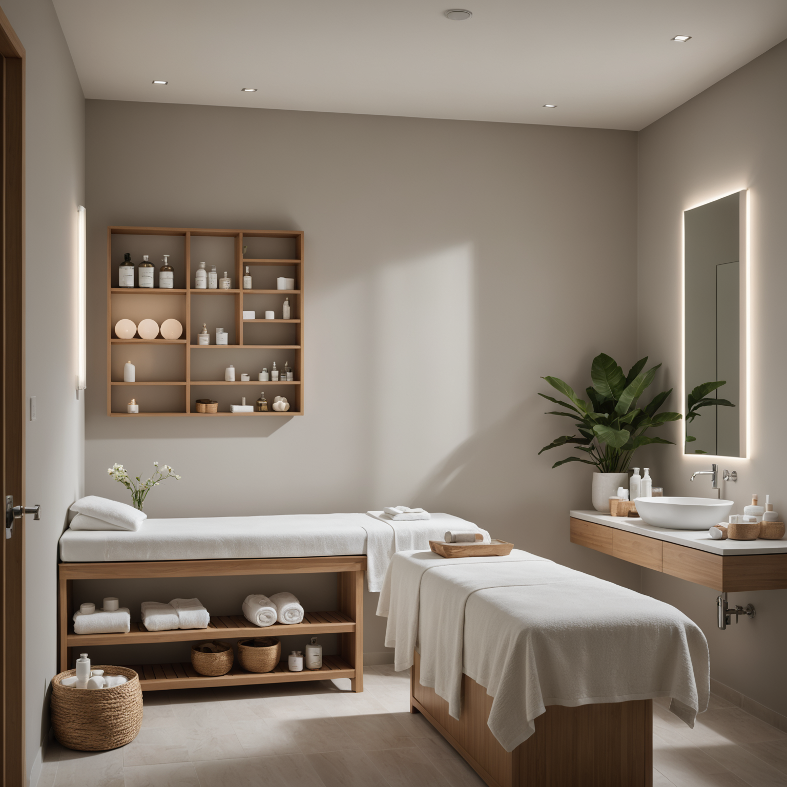 A serene spa treatment room with skincare tools and products neatly arranged, showcasing a tranquil environment for dermaplaning.