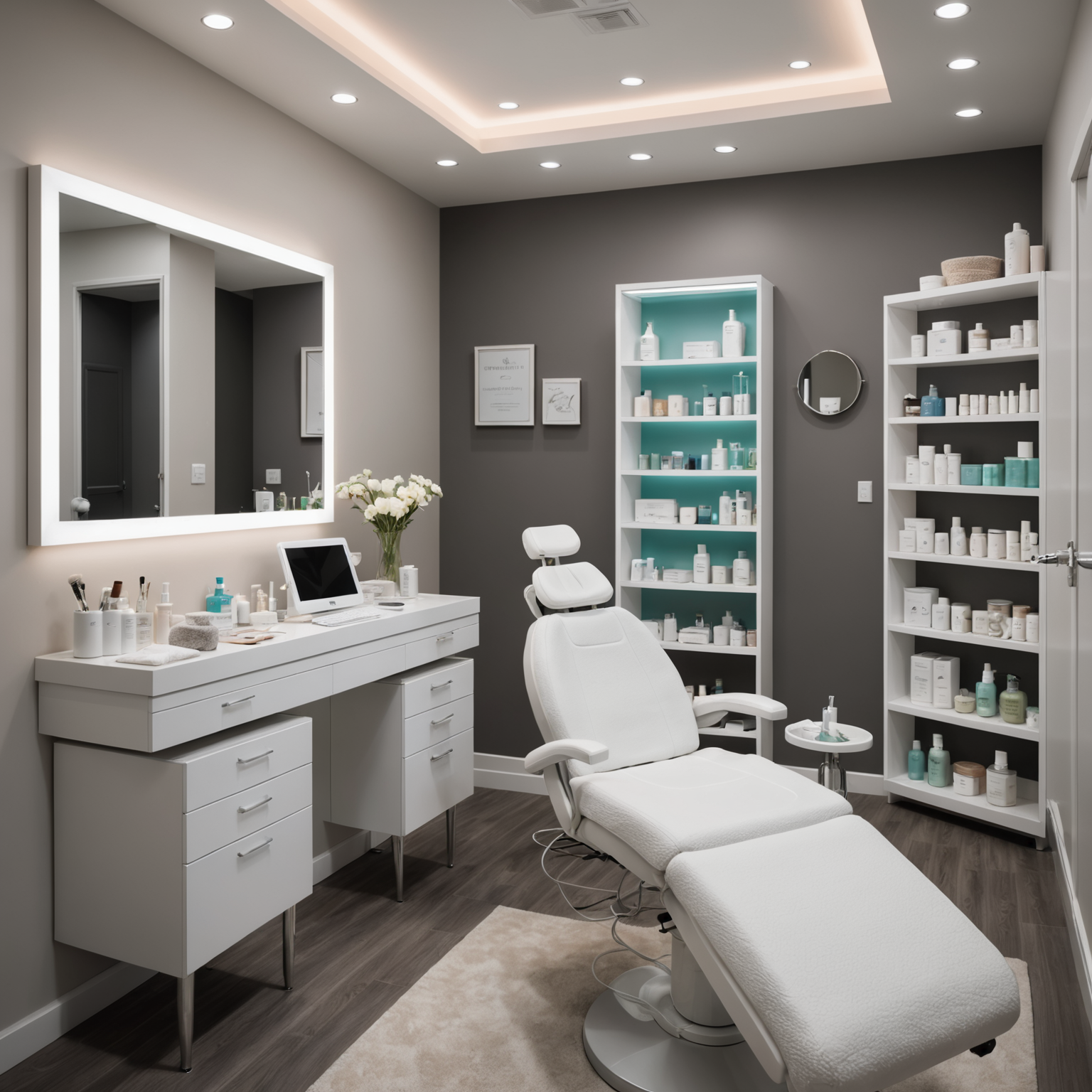 A cozy treatment room in a cosmetic clinic, featuring an esthetician's hands preparing dermaplaning tools, surrounded by skincare textures and sterile equipment.