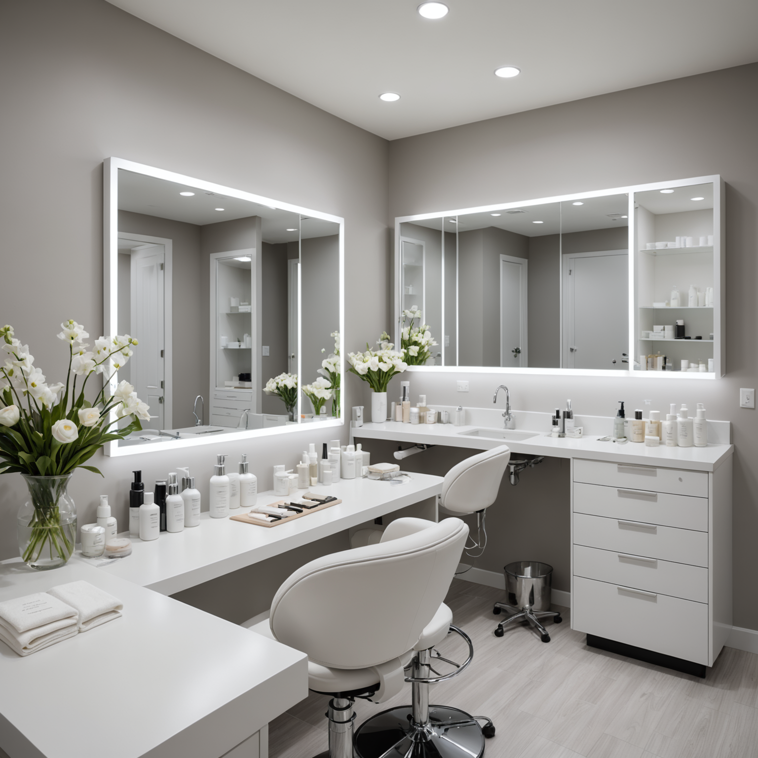 A serene cosmetic clinic treatment room with esthetician tools laid out