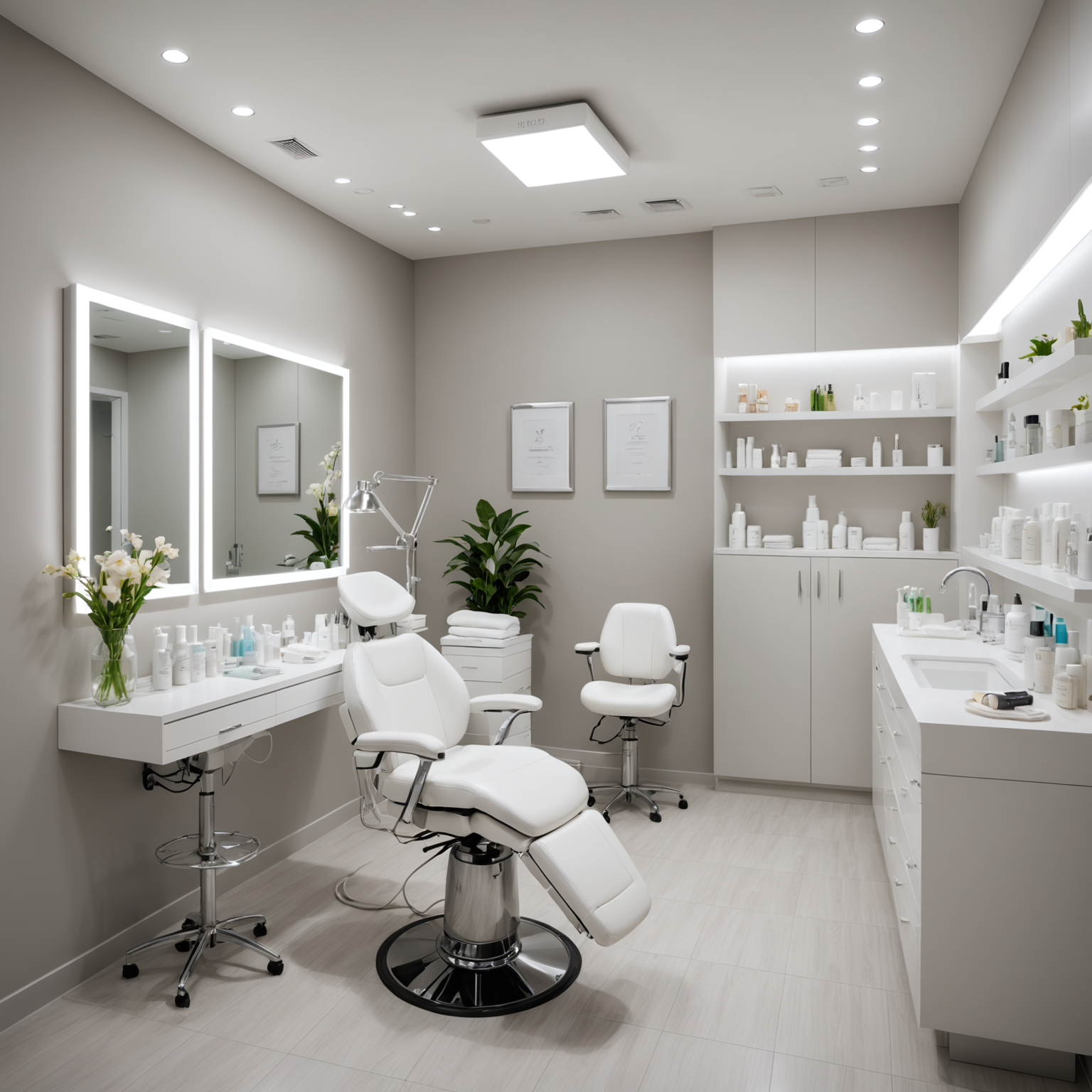 A serene cosmetic clinic treatment room with an esthetician preparing tools on a sterile tray