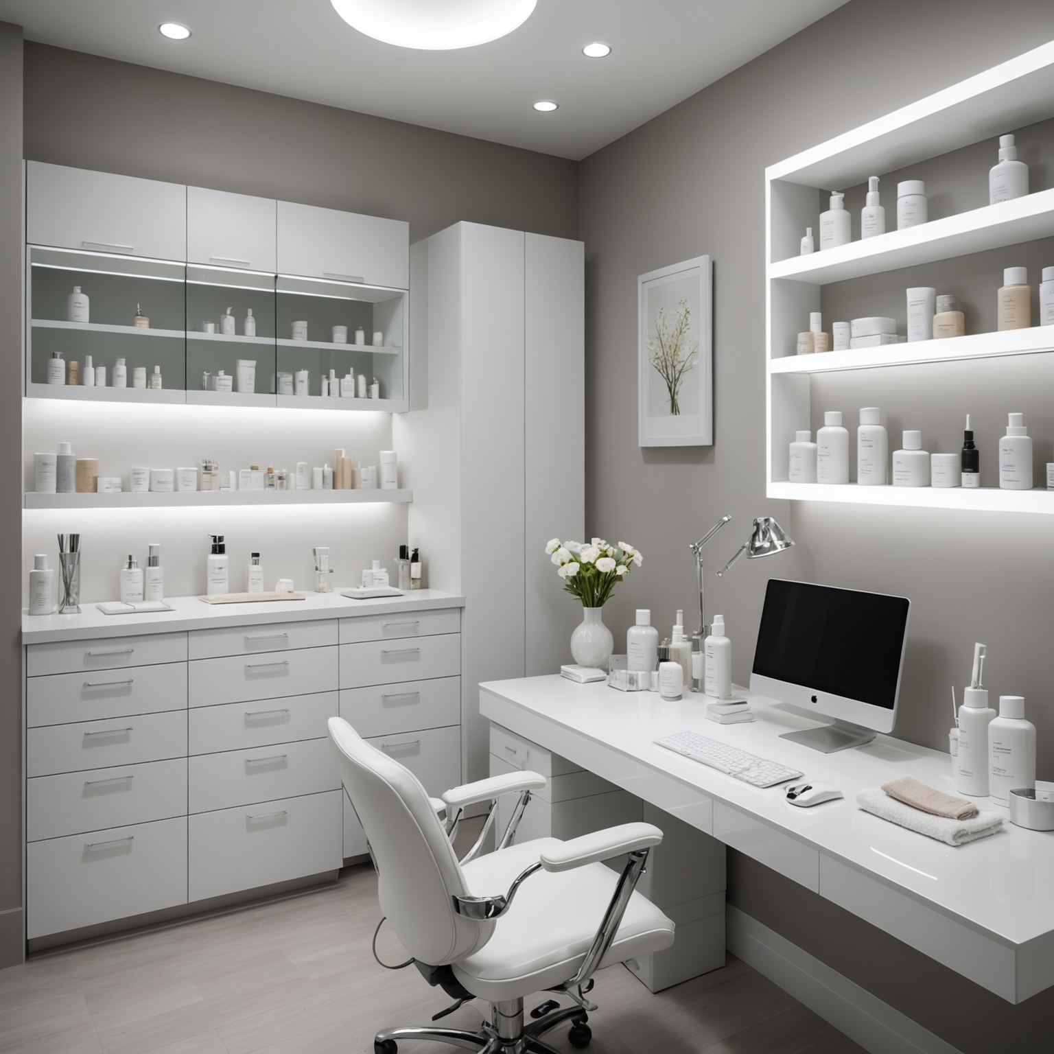 A serene cosmetic clinic treatment room with esthetician tools
