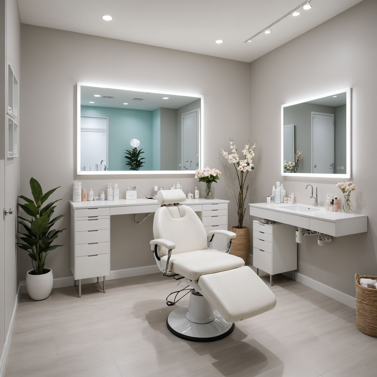 A serene cosmetic clinic treatment room with aesthetician tools