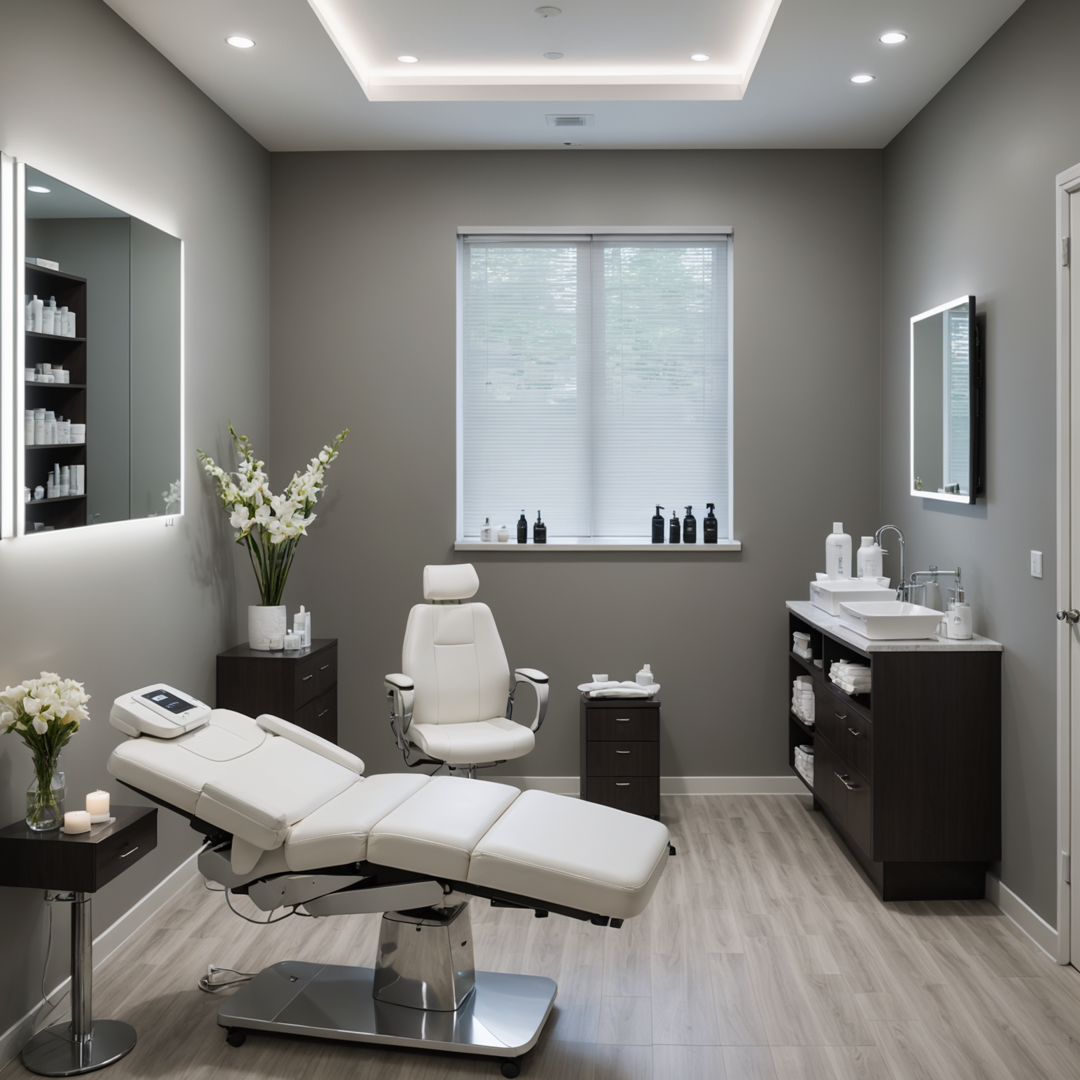 A serene cosmetic clinic treatment room with sterile tools and skincare textures