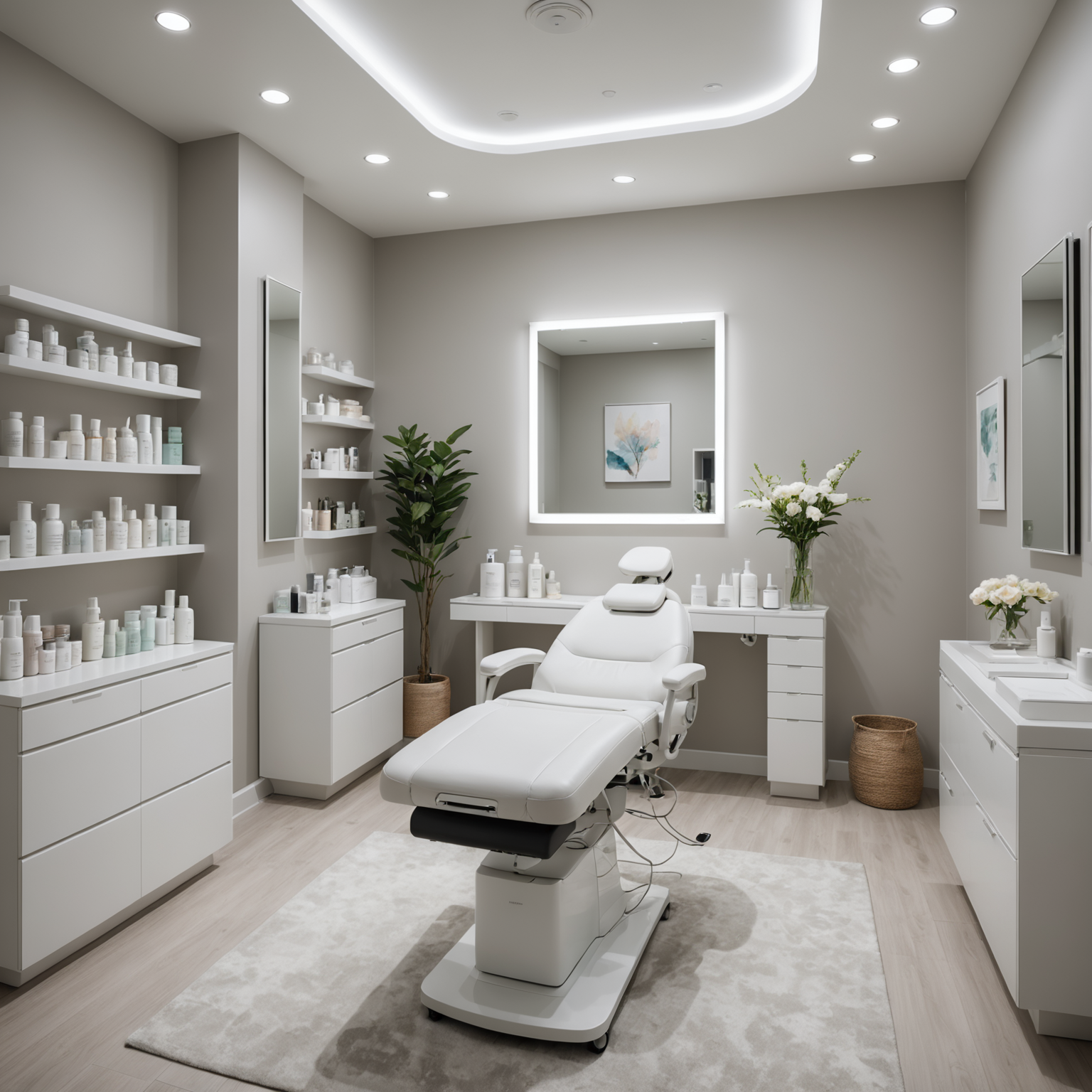 A serene cosmetic clinic treatment room with esthetician tools and skincare textures.
