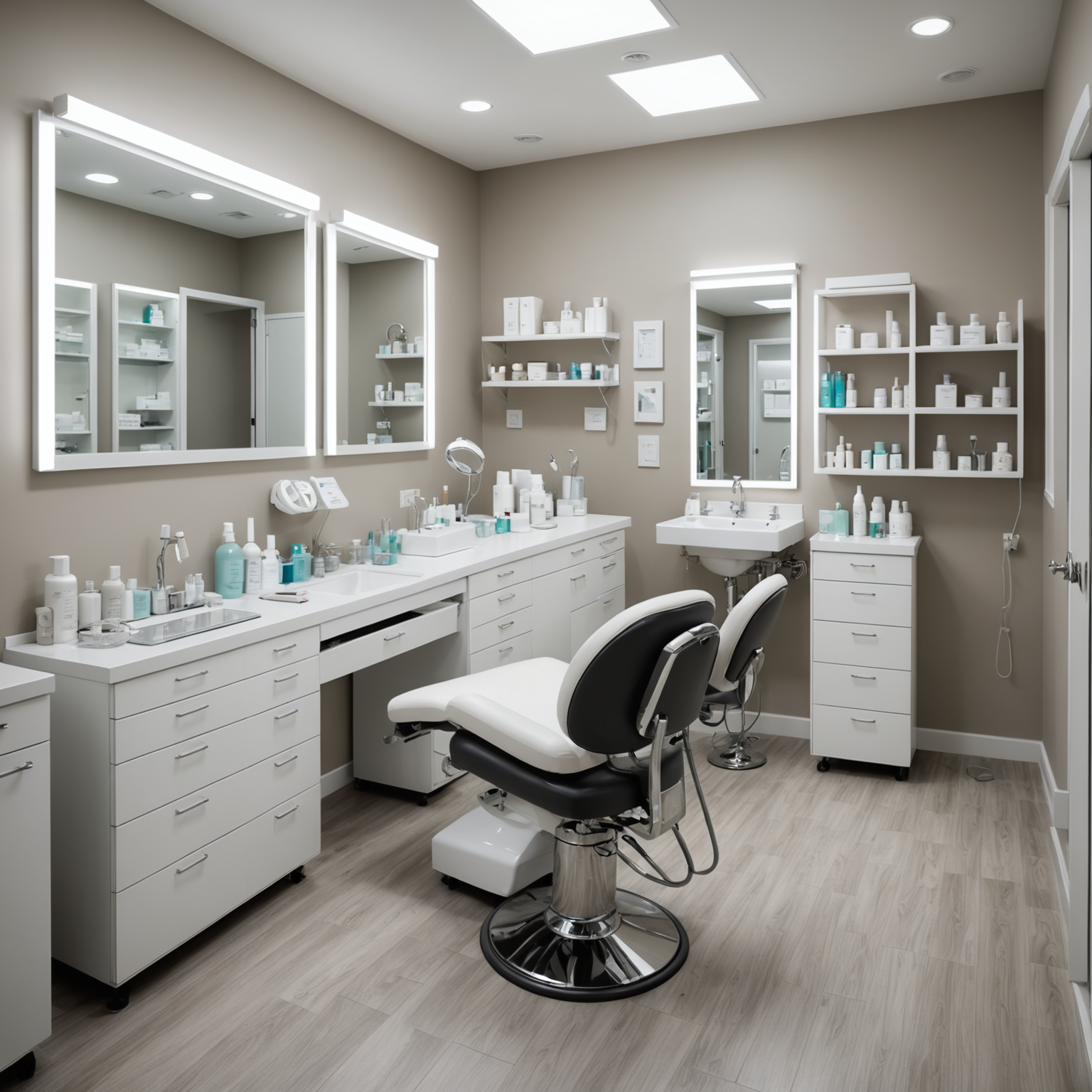 A serene cosmetic clinic treatment room with an esthetician preparing sterile tools