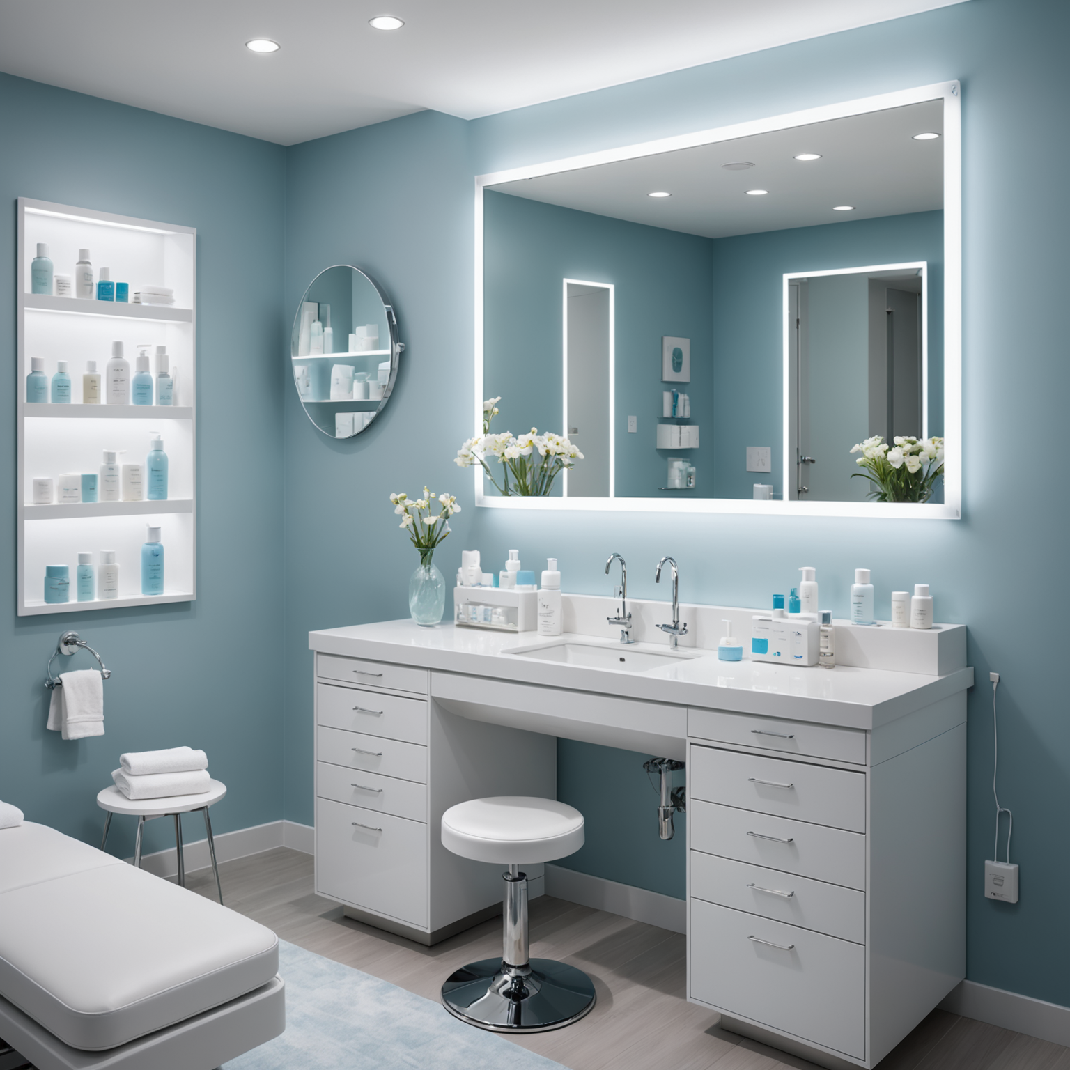 Treatment room with sterile tools and skincare products