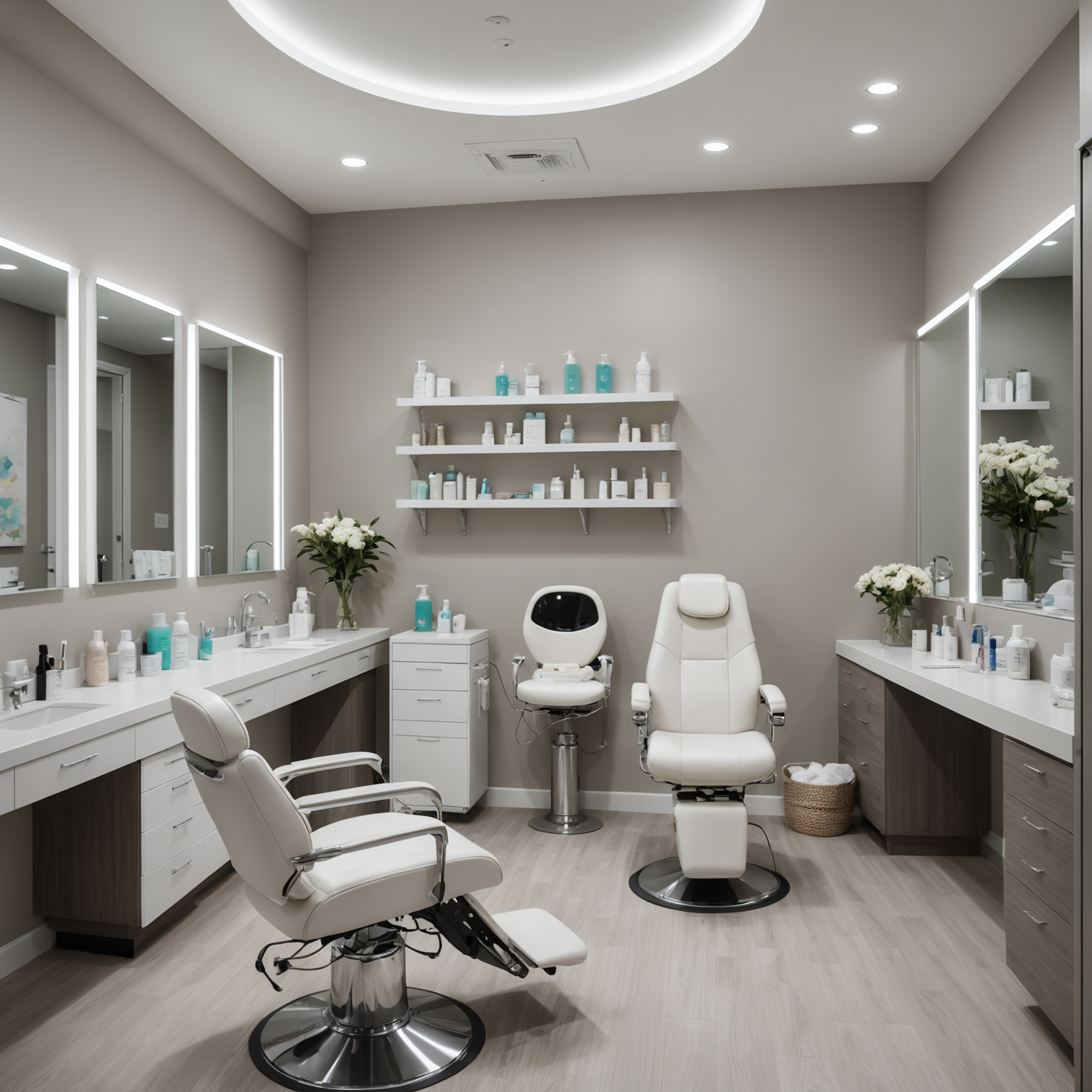 A serene cosmetic clinic's treatment room with esthetician tools and comfortable seating