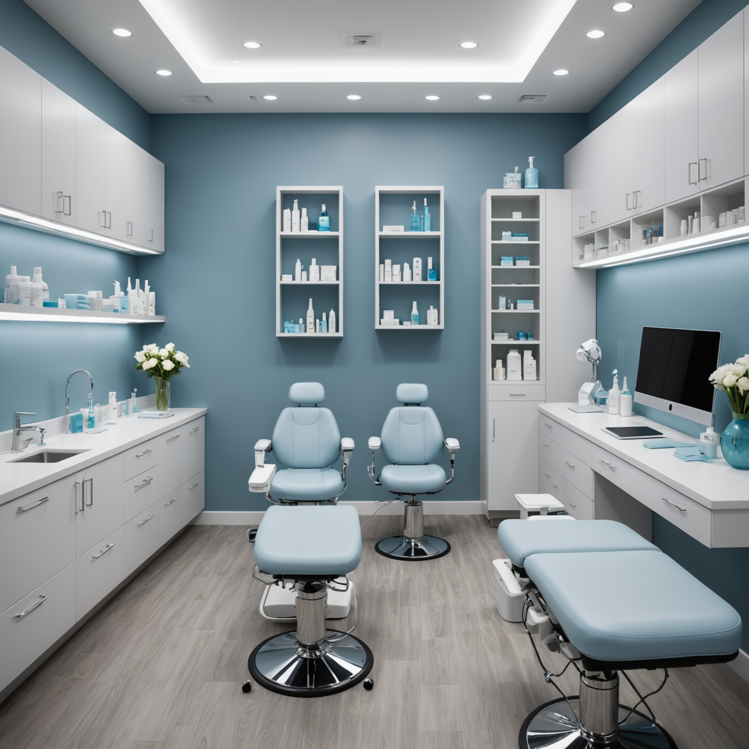 A serene cosmetic clinic treatment room featuring sterile tools and skincare textures