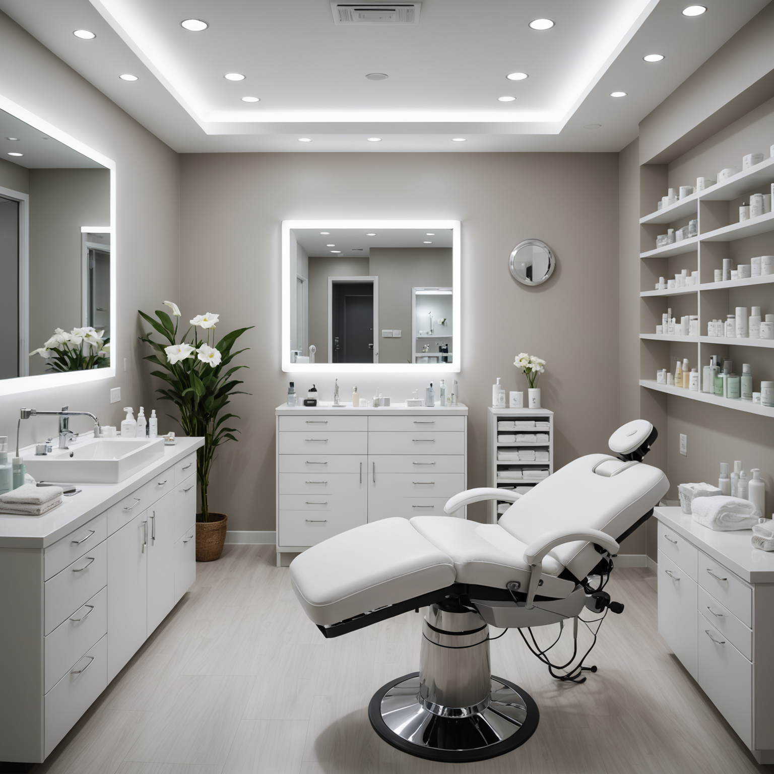 A serene cosmetic clinic room with an esthetician preparing tools on a sterile table