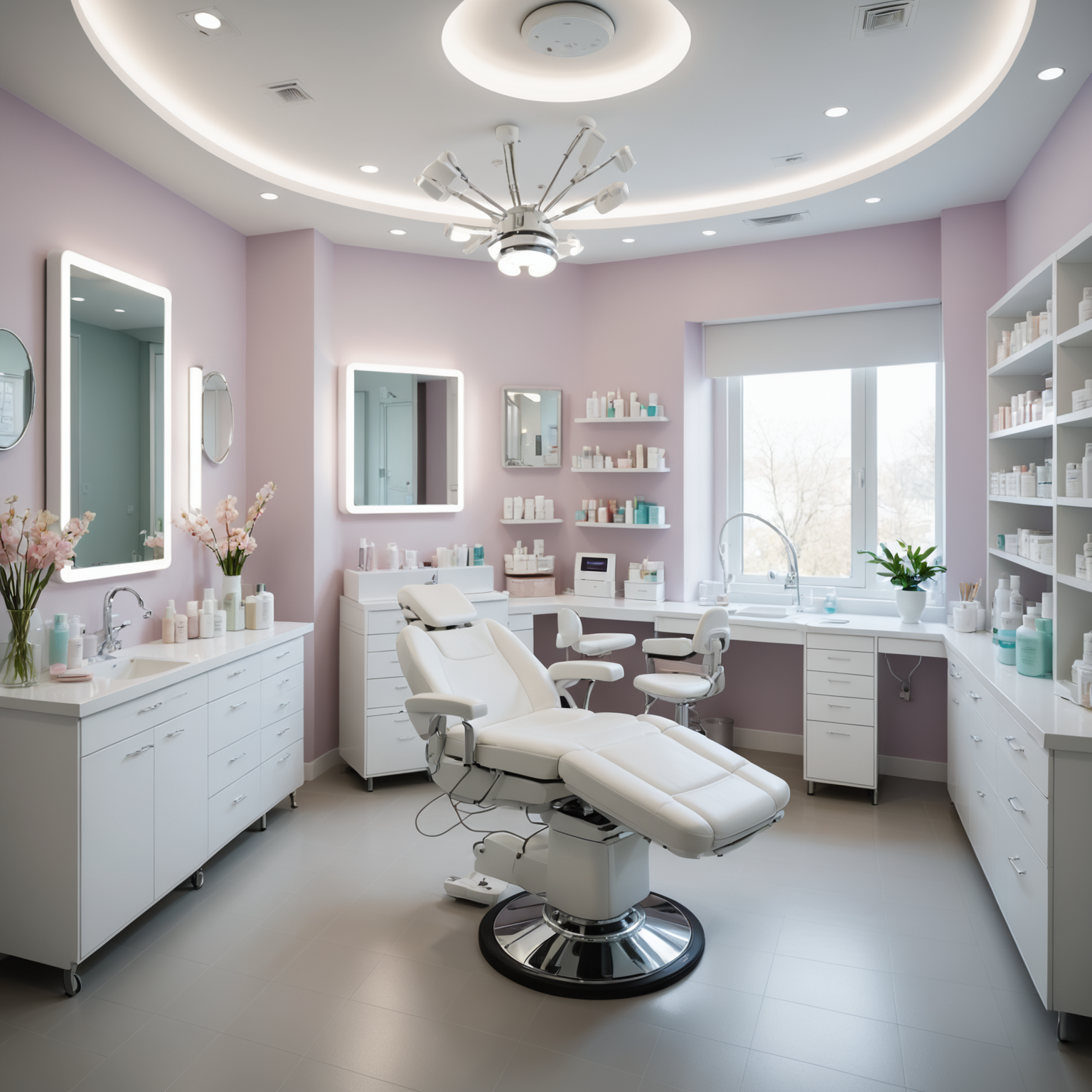 A well-lit, clean cosmetic clinic treatment room with aesthetician tools and skincare products on a sterile table.