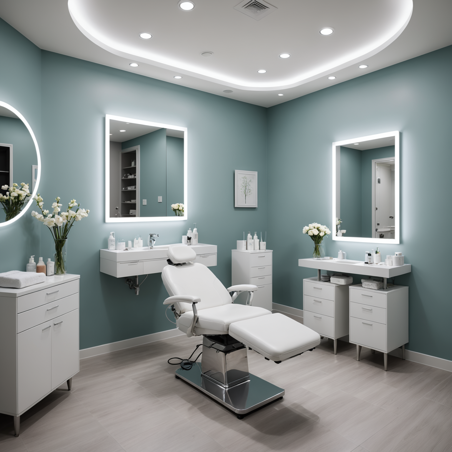 A well-lit, modern cosmetic-clinic treatment room with an esthetician preparing tools