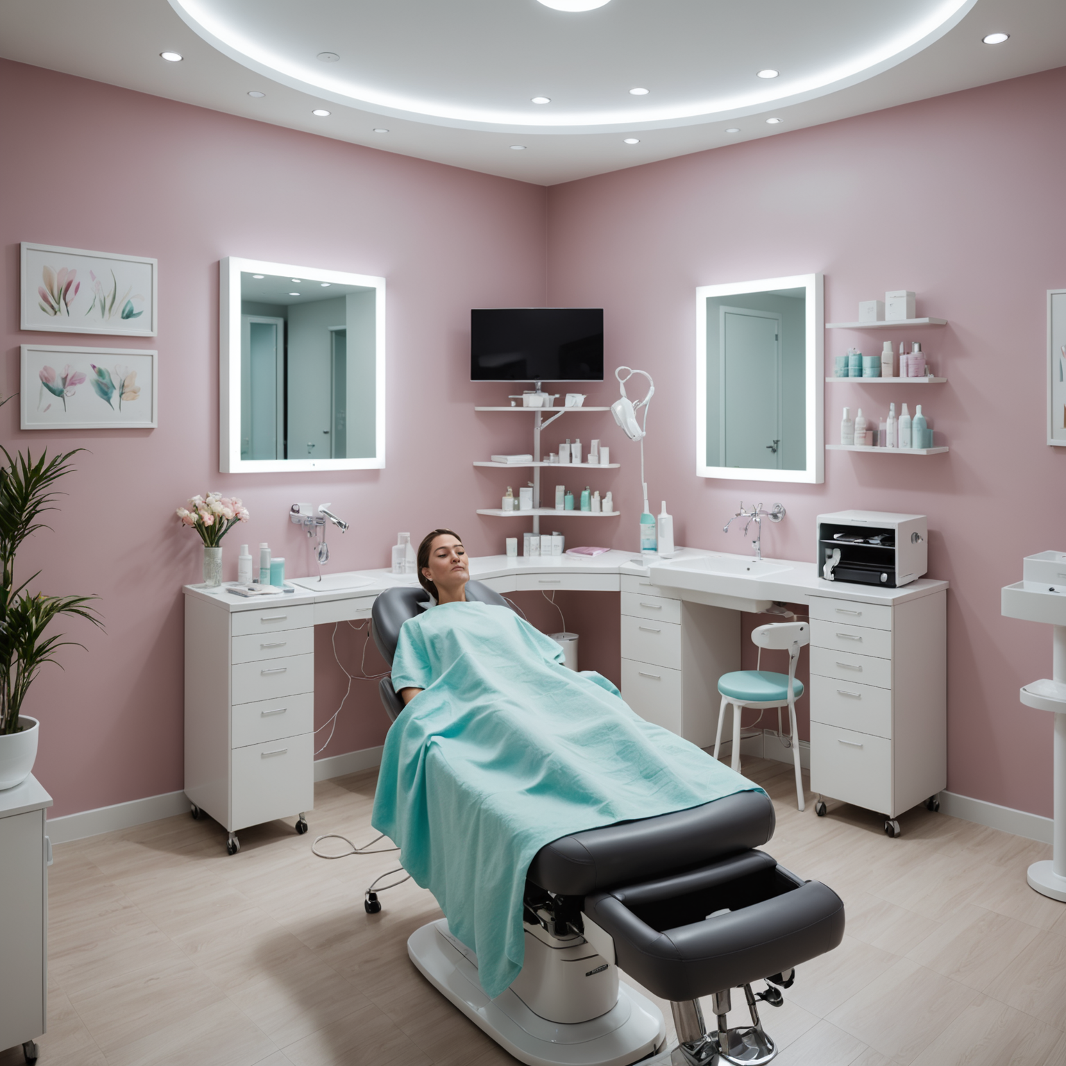 A serene treatment room in a cosmetic clinic, showcasing an esthetician's hands preparing sterile tools for chin liposuction.