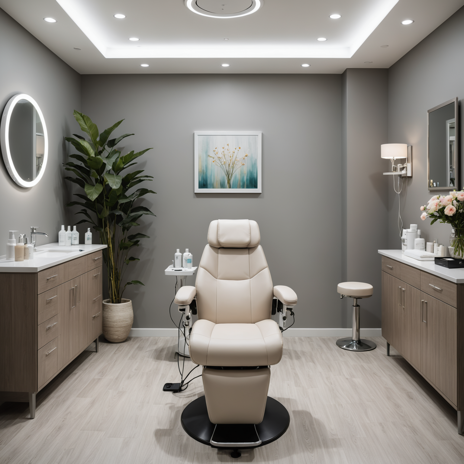 A serene cosmetic clinic treatment room, featuring a comfortable chair, sleek tools, and a calming ambiance