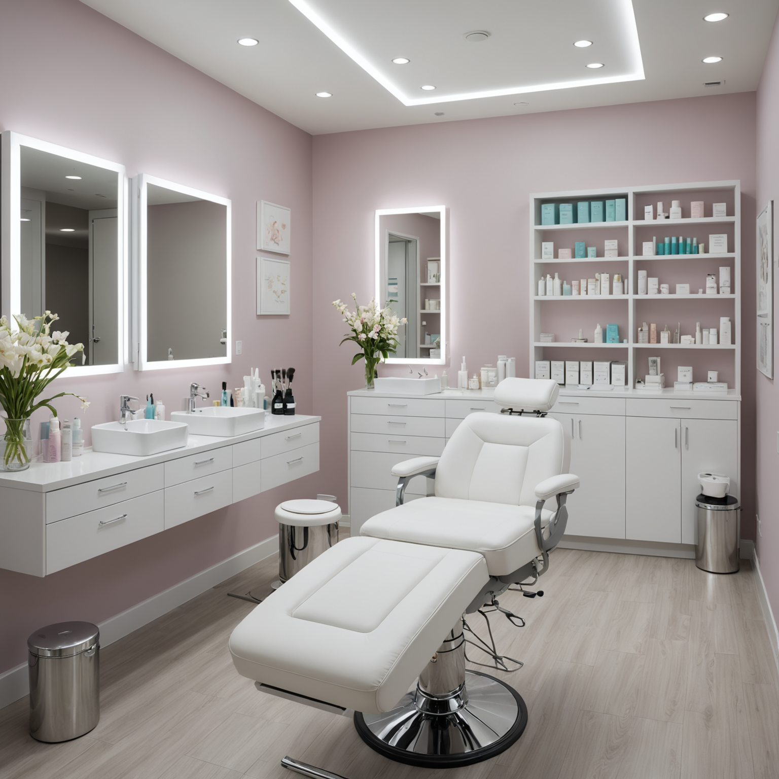 A serene cosmetic treatment room with an esthetician preparing sterile tools.