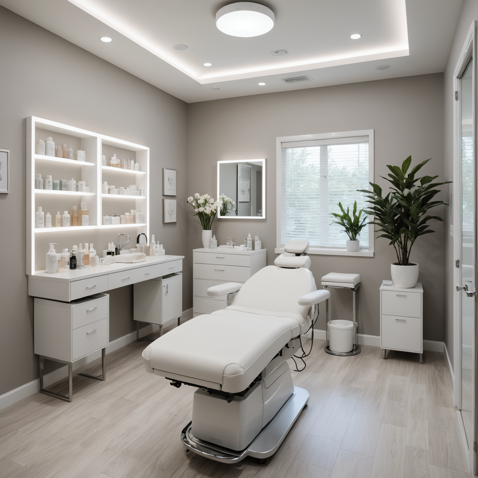 A serene cosmetic clinic treatment room with an esthetician's hands preparing for a procedure