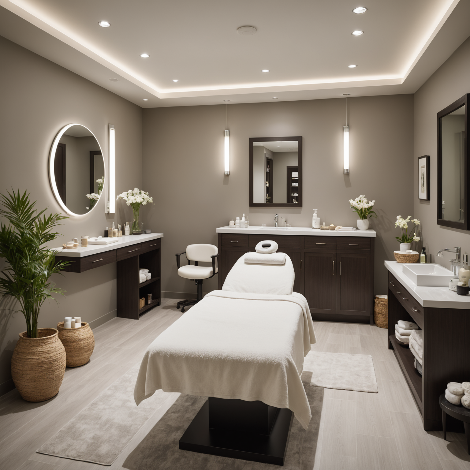 A serene spa interior with a treatment room setup, showcasing sterile tools and skincare textures
