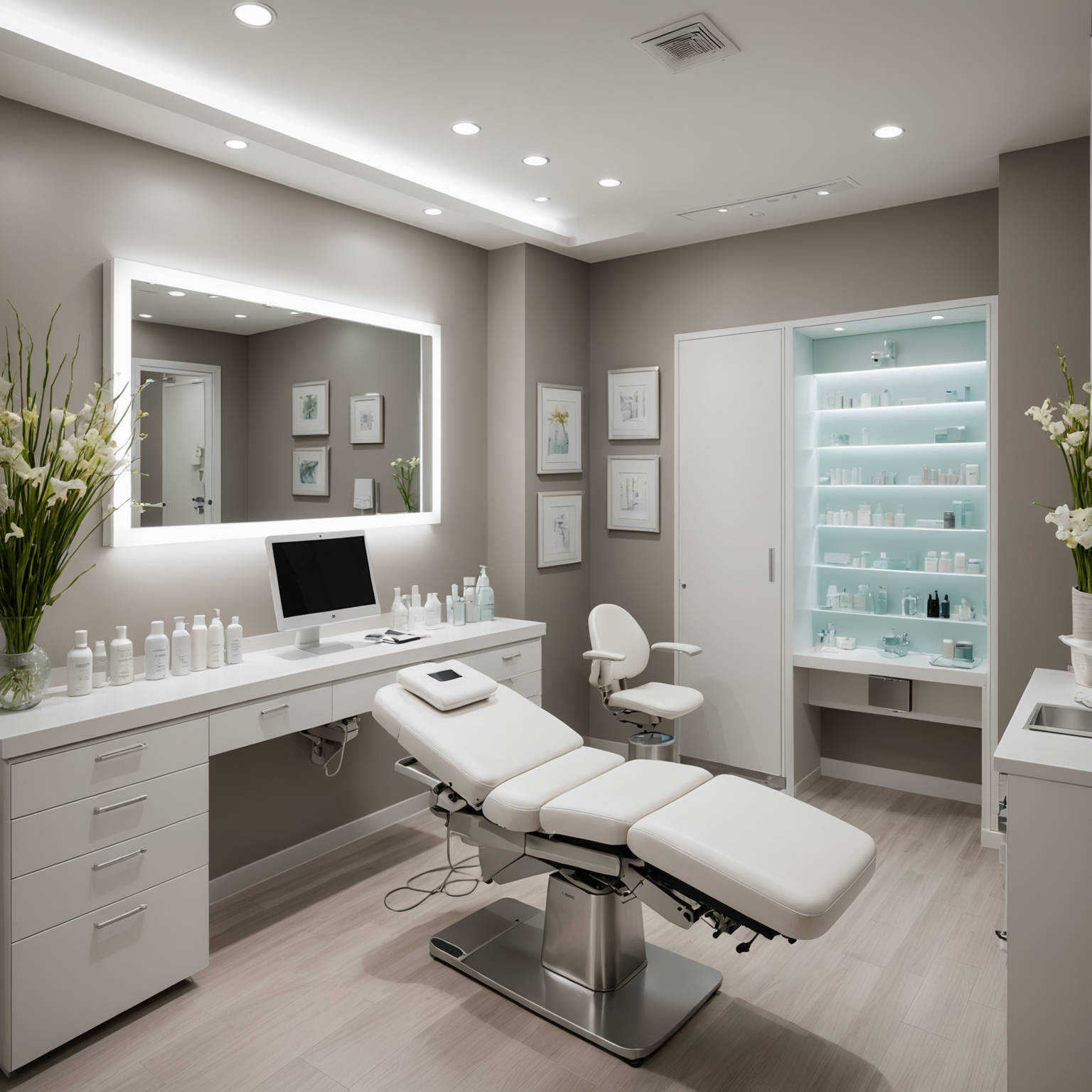 A serene cosmetic-clinic interior showcasing a treatment room with sterile tools