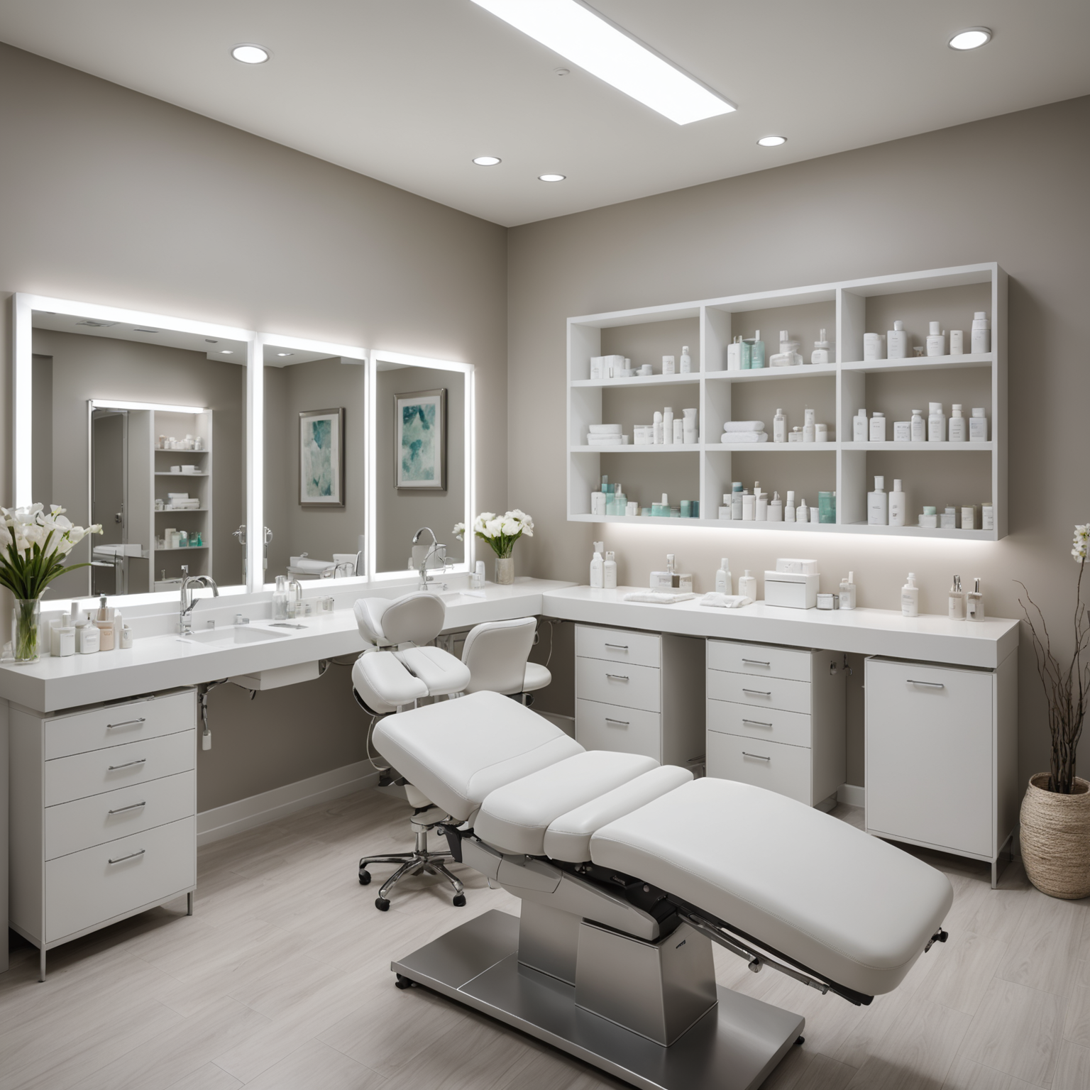 A serene cosmetic clinic treatment room with esthetician tools neatly arranged.