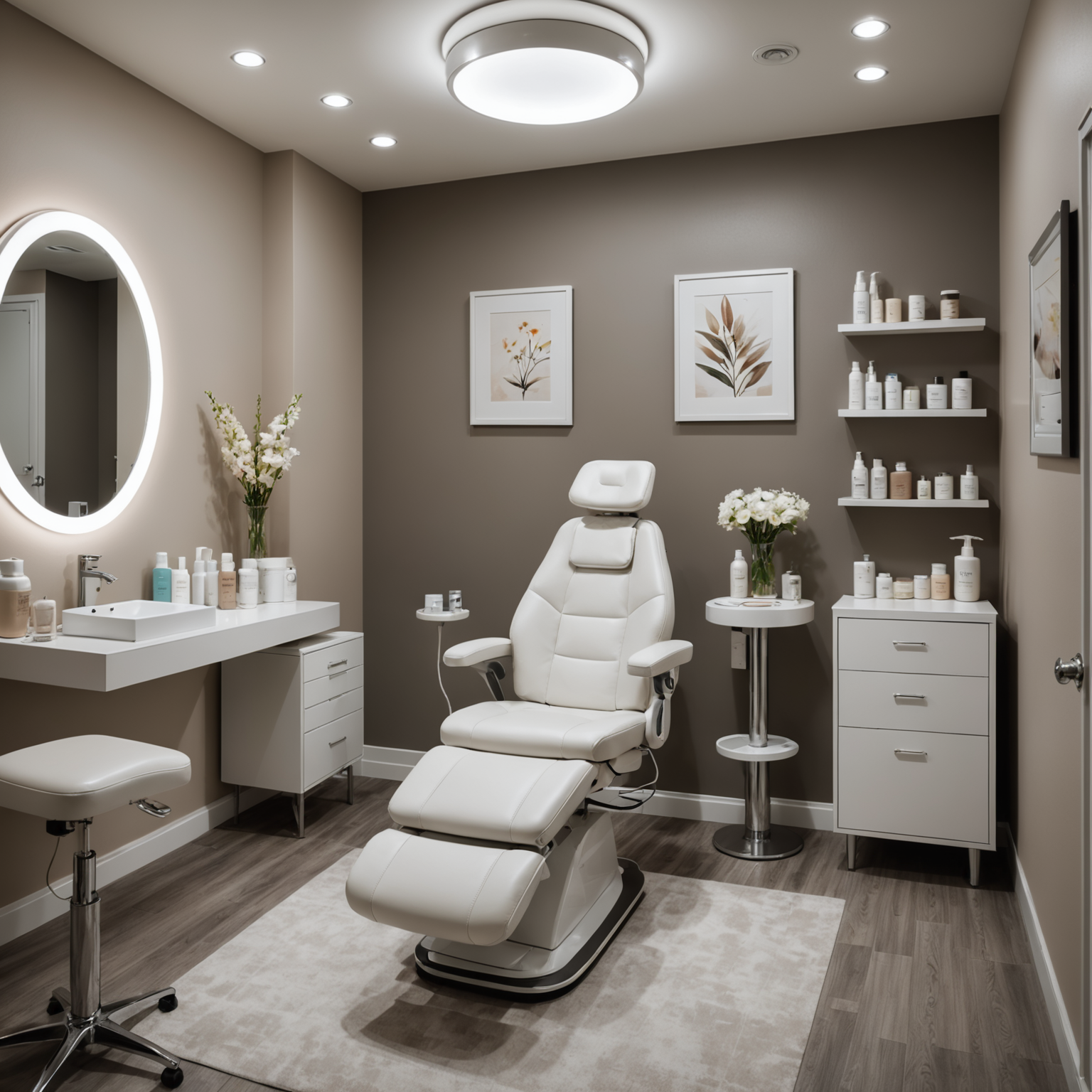 A cozy cosmetic clinic treatment room with soft lighting and a professional setup.