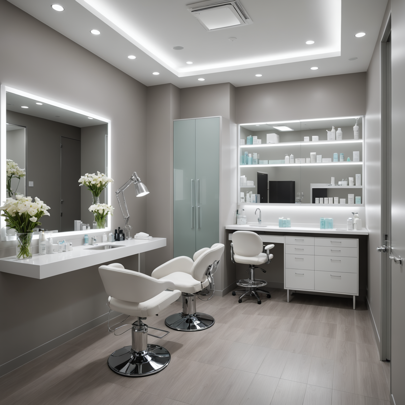 A well-lit cosmetic clinic treatment room with sterile tools neatly arranged.