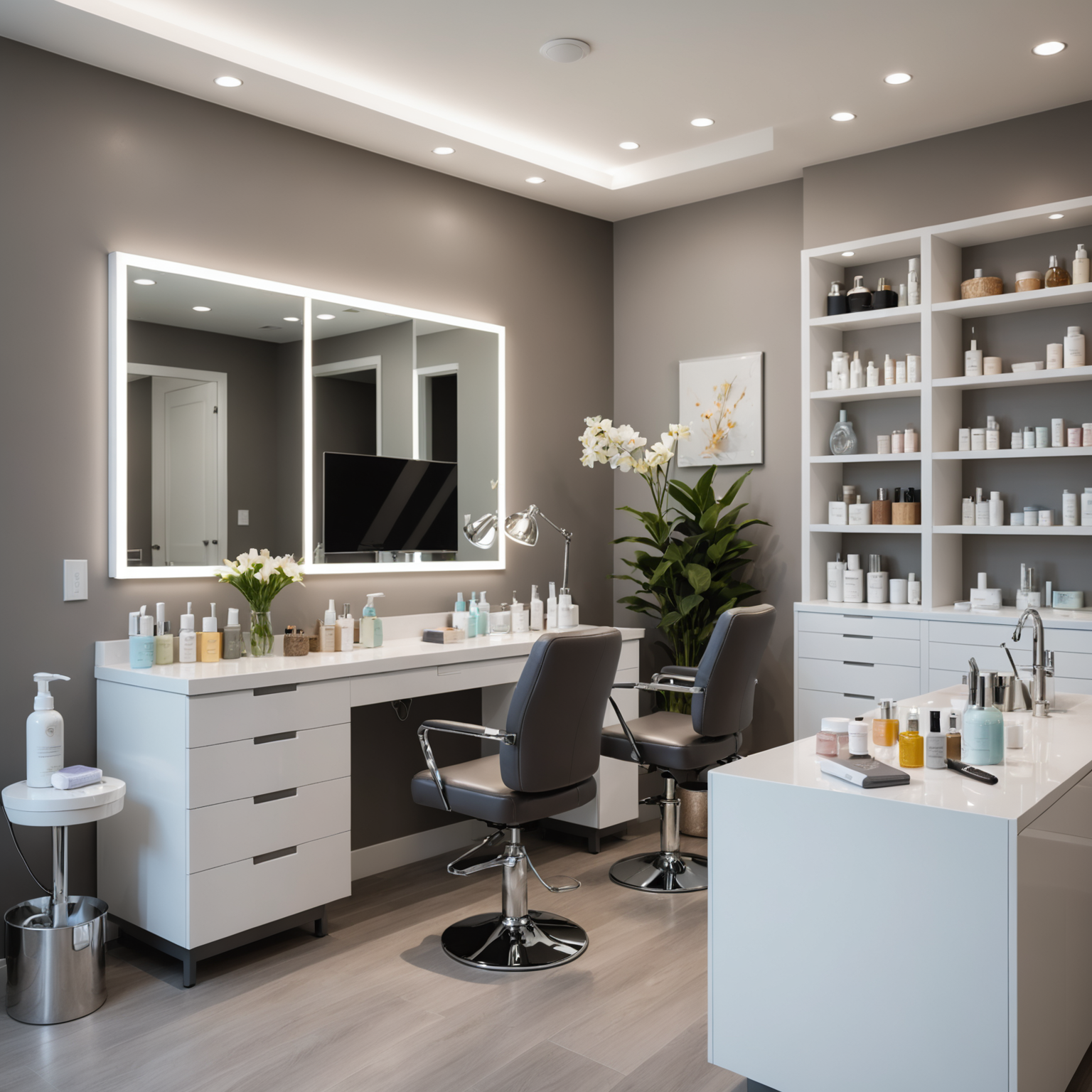 A sterile treatment room with esthetician tools and skincare textures