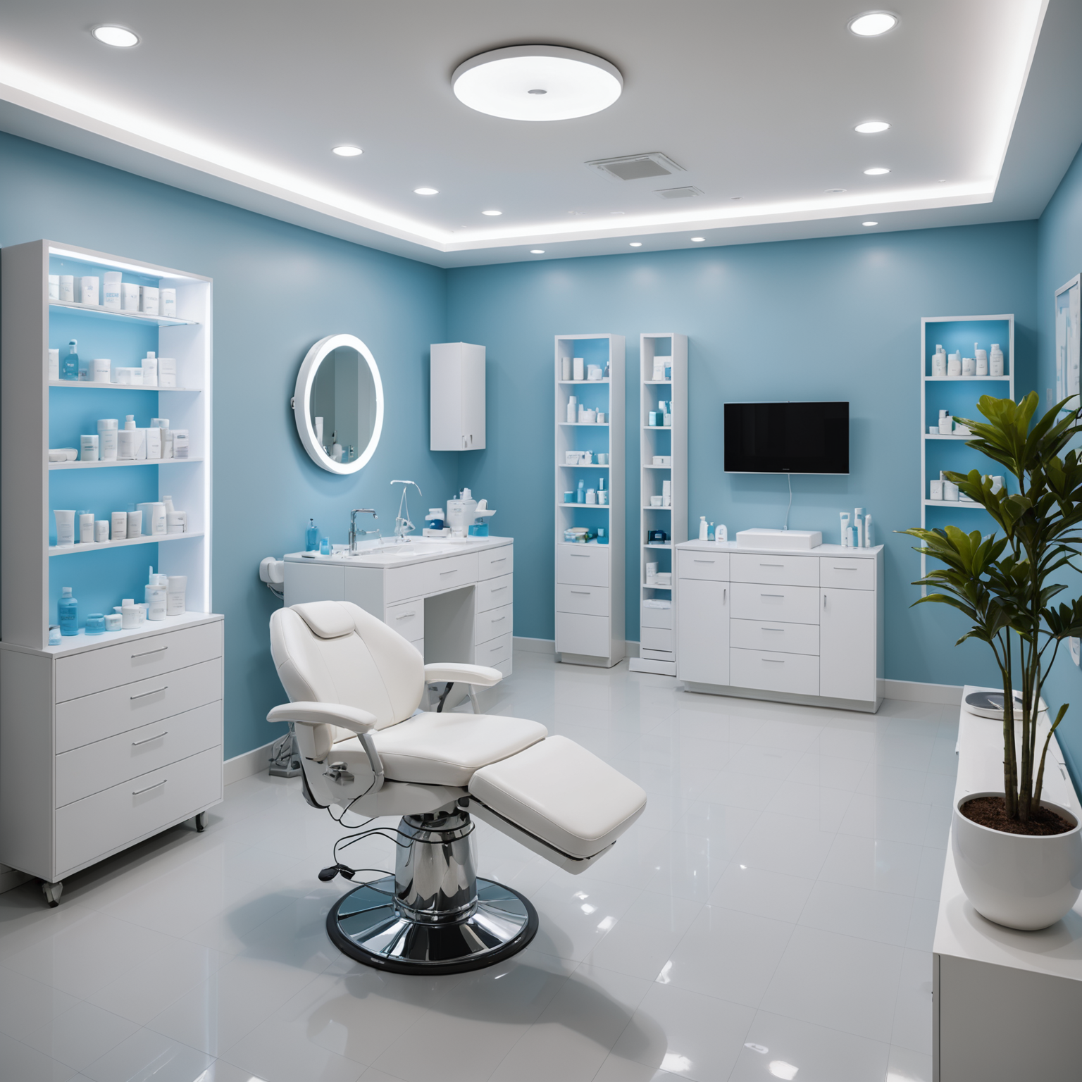 A well-lit, serene cosmetic clinic treatment room with modern equipment and skincare products.