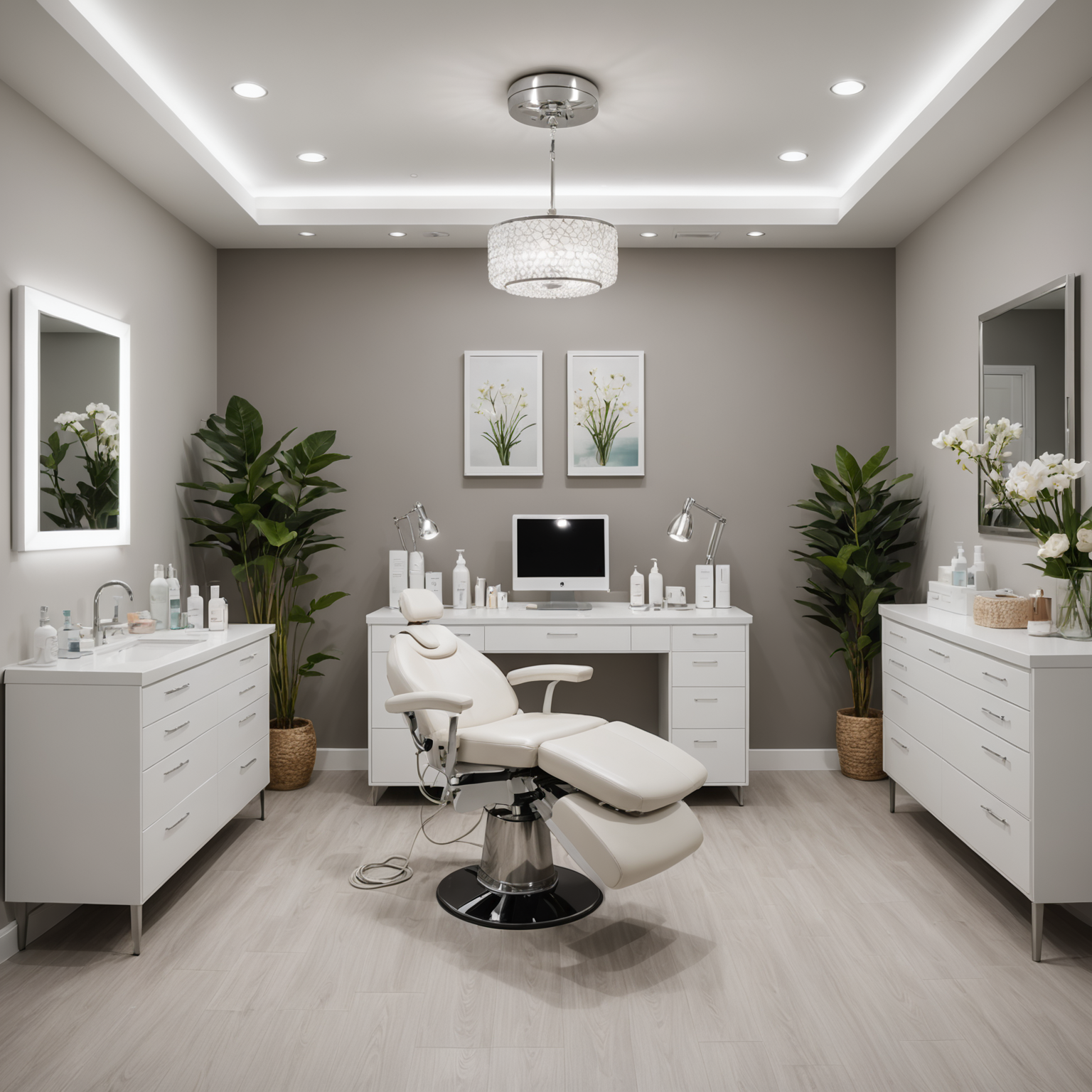 A serene cosmetic clinic treatment room with esthetician tools neatly arranged