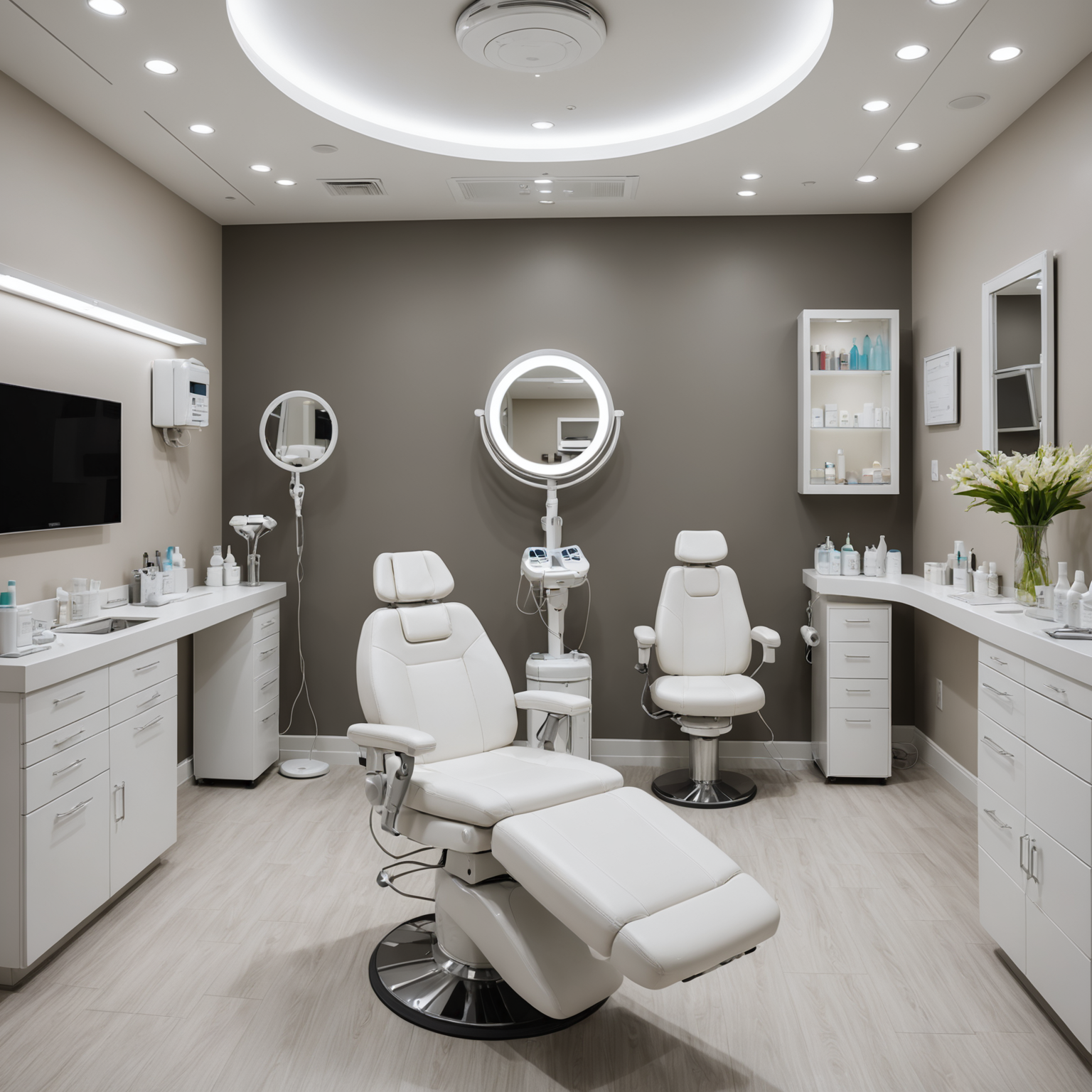 A serene cosmetic clinic treatment room with sterile tools and comfortable patient seating.