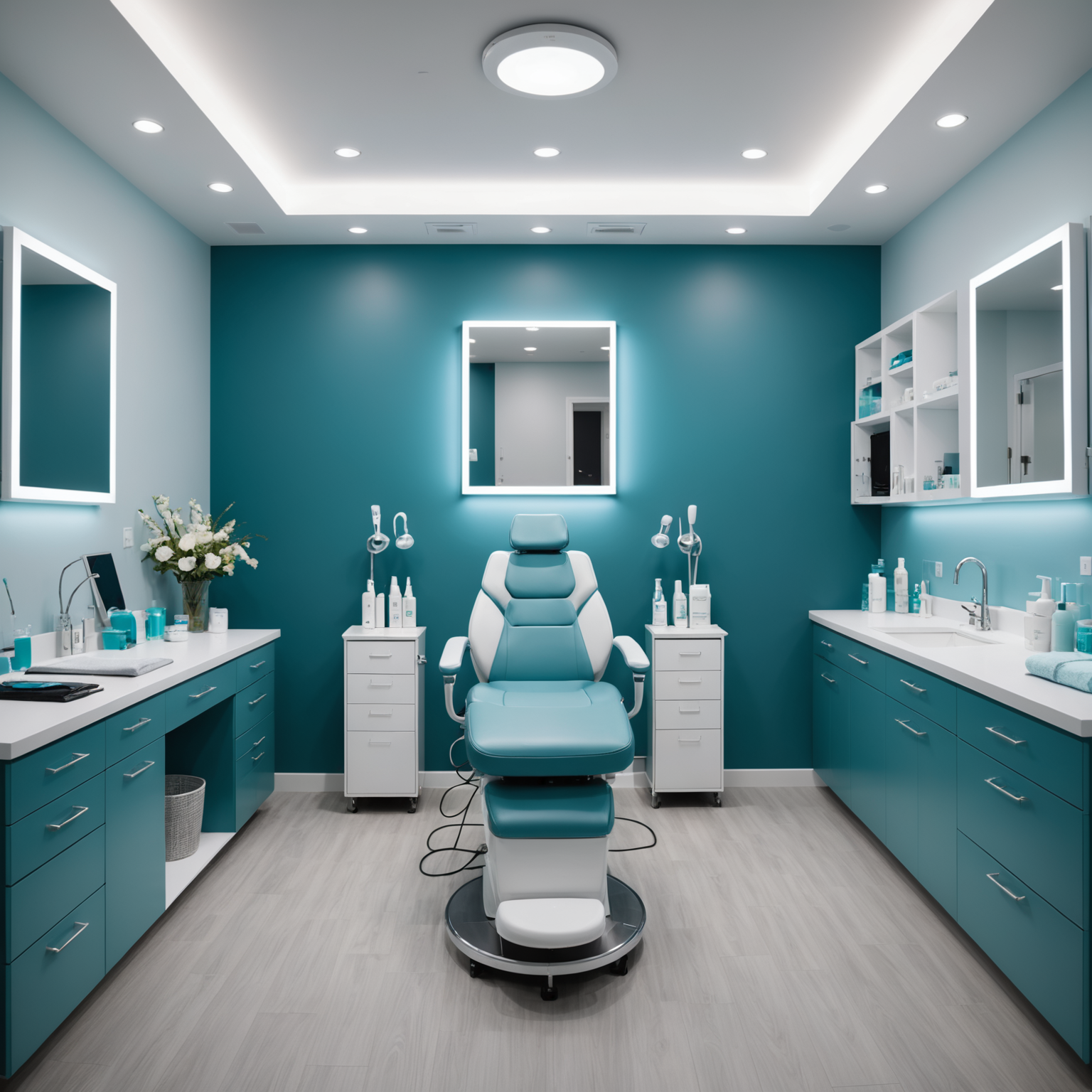 A modern cosmetic clinic treatment room with an esthetician preparing tools for a procedure.