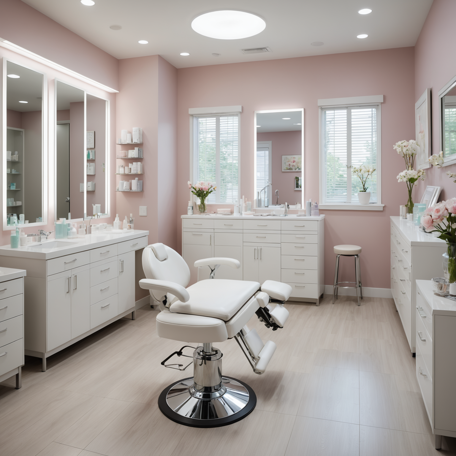 A serene cosmetic clinic treatment room with esthetician tools neatly arranged.