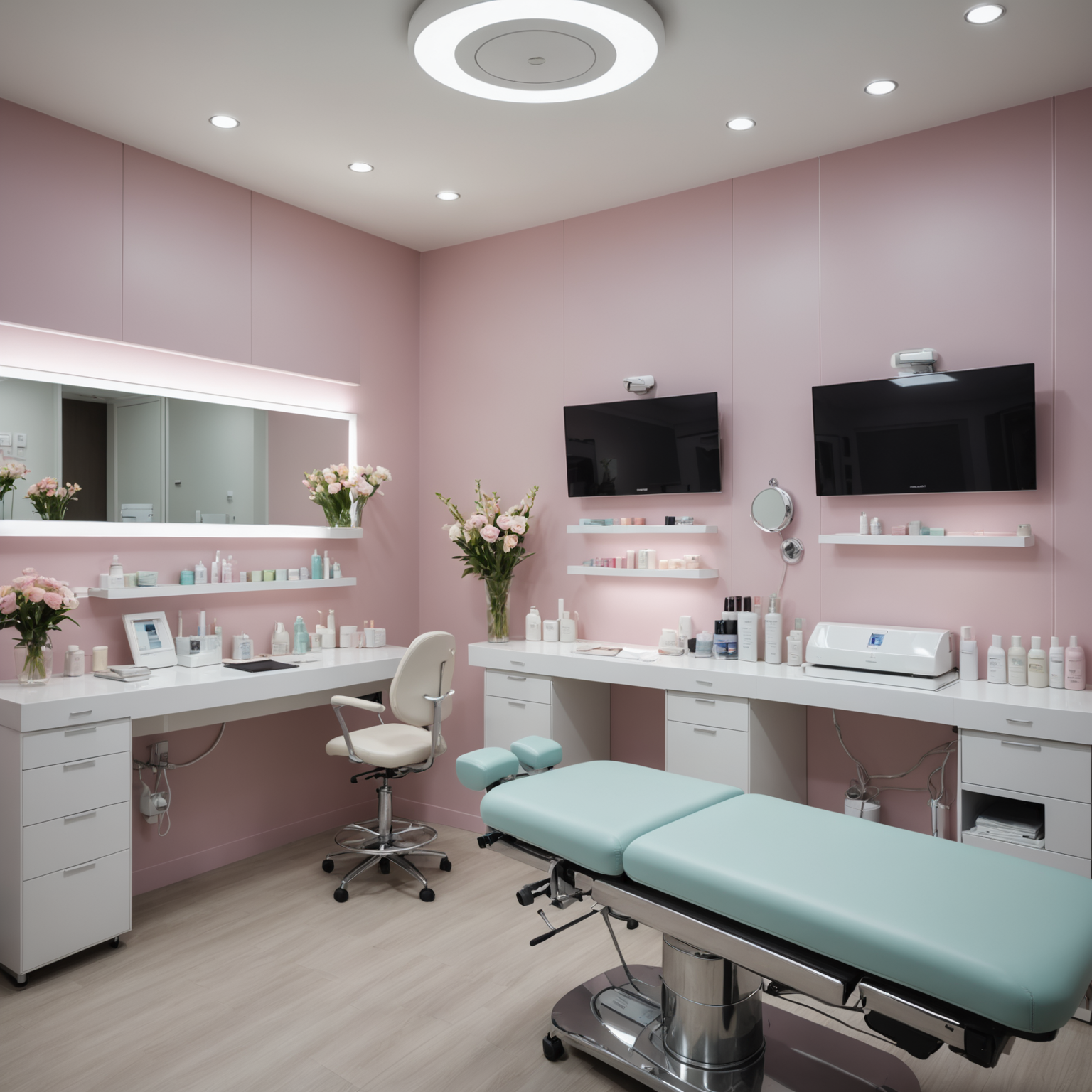 A modern cosmetic clinic's treatment room with an esthetician's hands preparing sterile tools for a liposuction procedure.