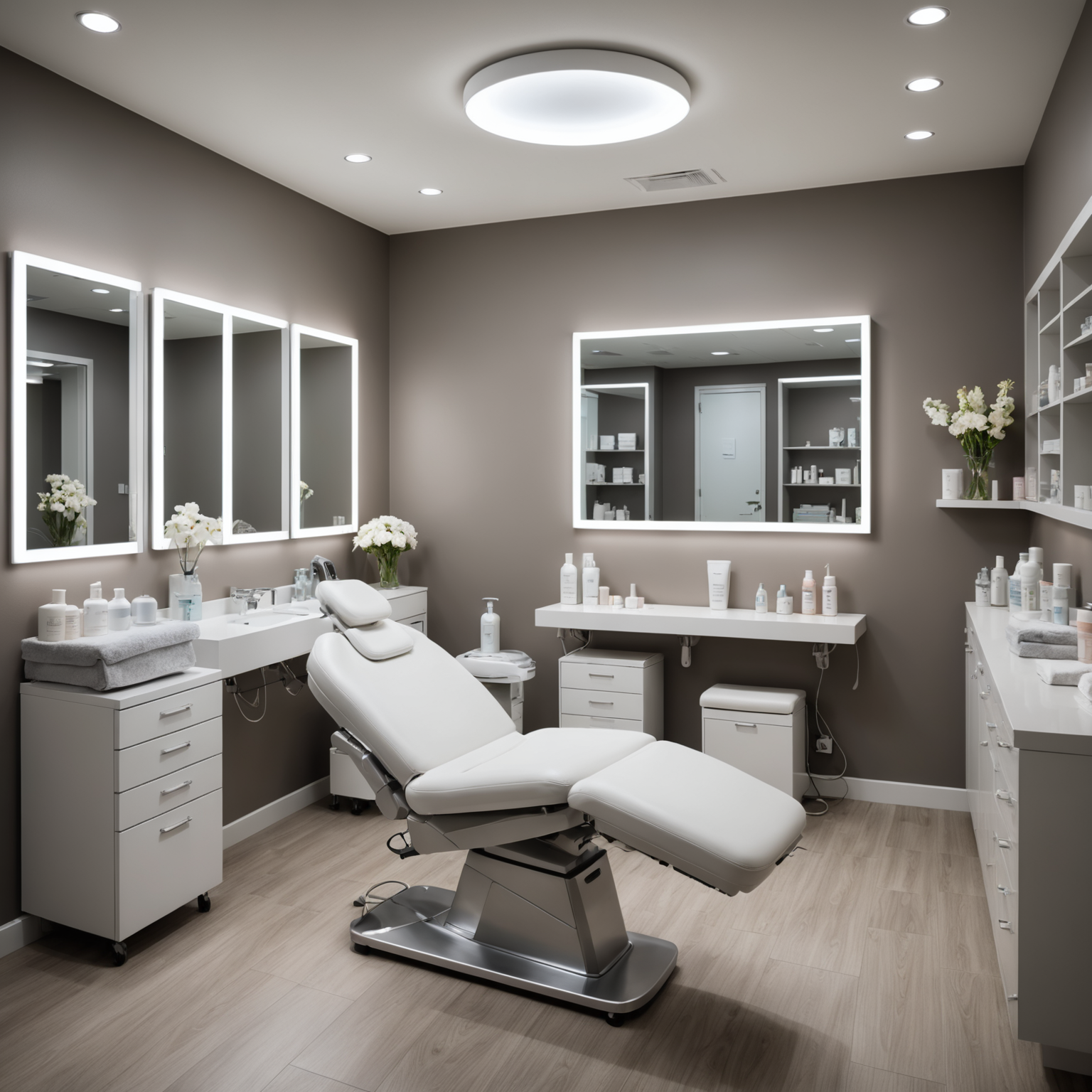 A well-lit cosmetic clinic treatment room, equipped with sterile tools and skincare textures, creating an inviting and professional environment.