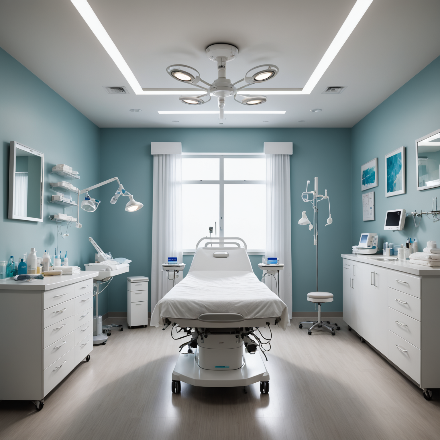A sterile treatment room with surgical tools and a patient bed prepared for a procedure.