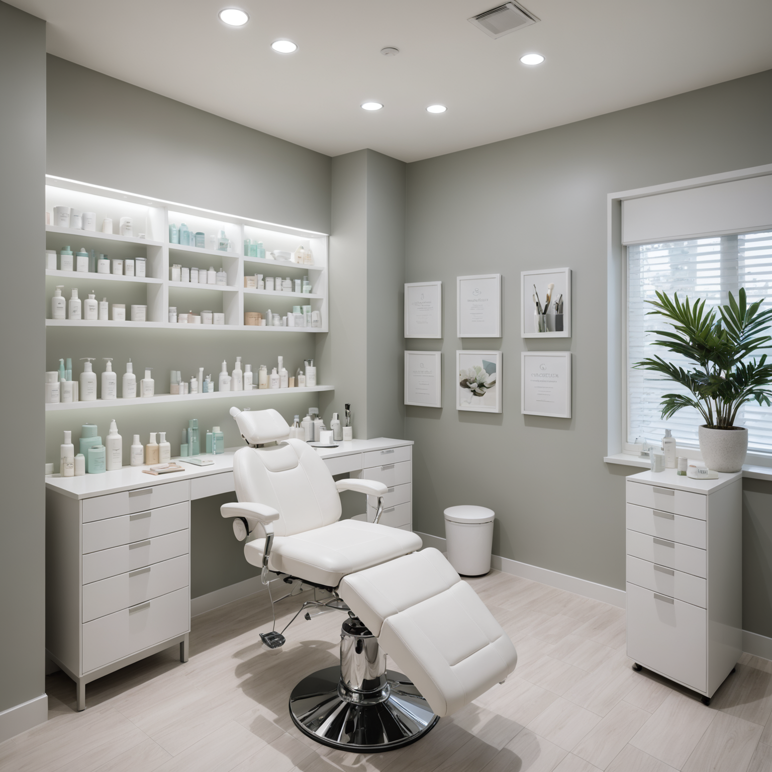 A serene cosmetic clinic treatment room with esthetician tools and skincare textures