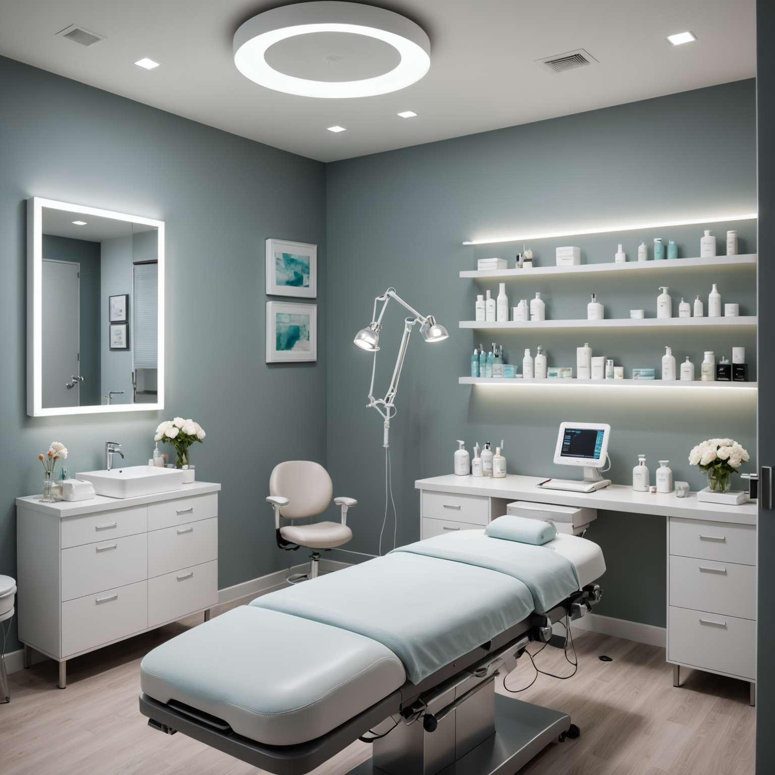 A serene treatment room in a cosmetic clinic with esthetician hands preparing sterile tools for a back liposuction procedure.