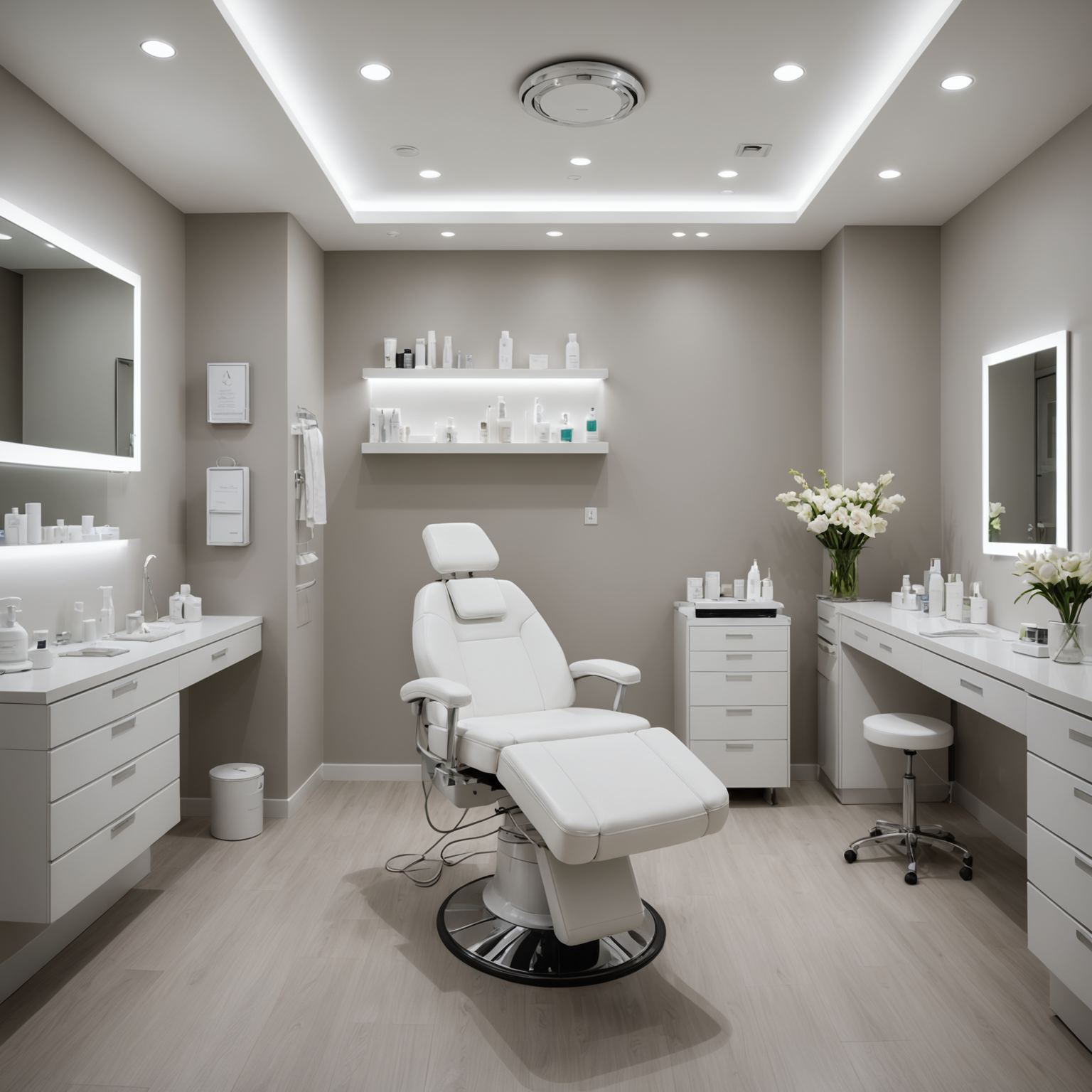 A serene cosmetic-clinic treatment room with sterile tools and calming spa interiors