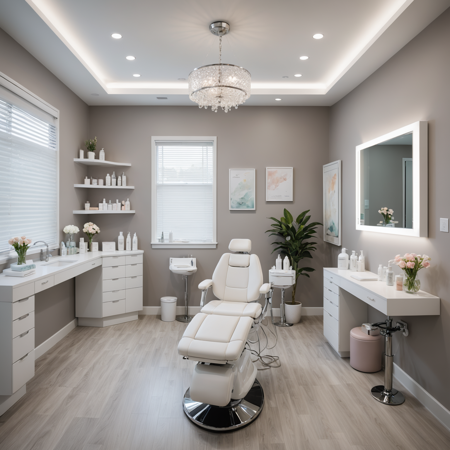 A serene cosmetic-clinic treatment room with esthetician tools and skincare textures