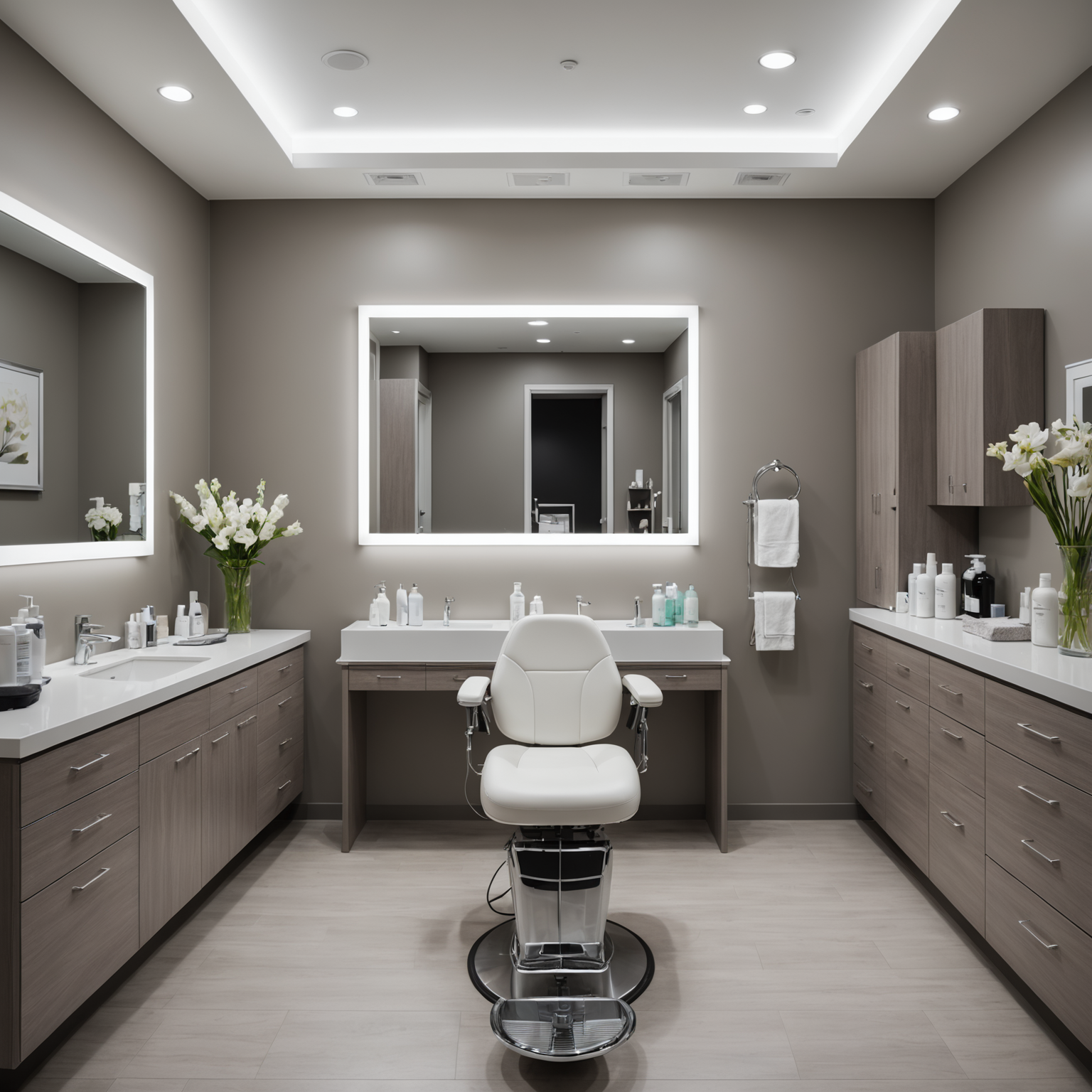 A sterile, modern cosmetic-clinic treatment room with esthetician tools arranged neatly.