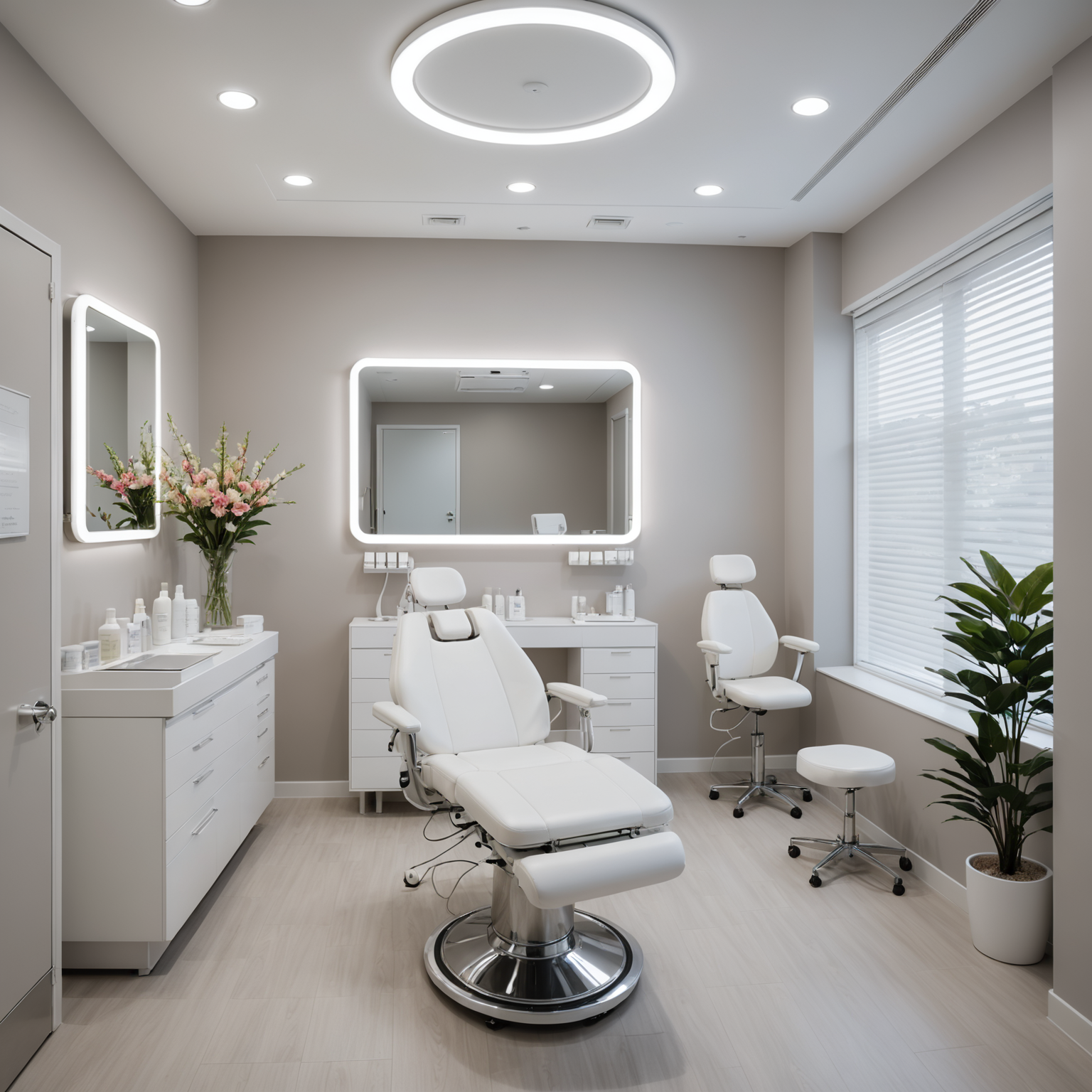 A serene cosmetic clinic treatment room with sterile tools ready for a procedure