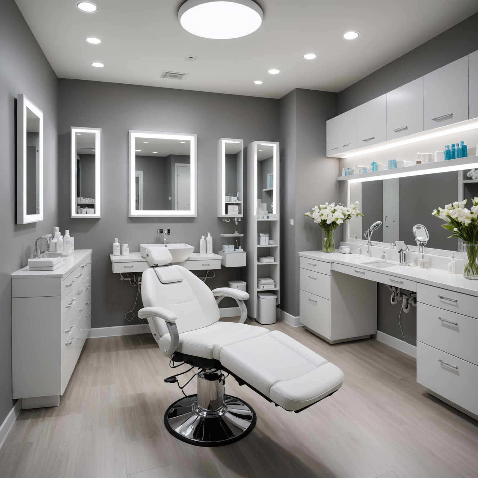 A serene, well-equipped cosmetic clinic treatment room with sterile tools and ambient lighting