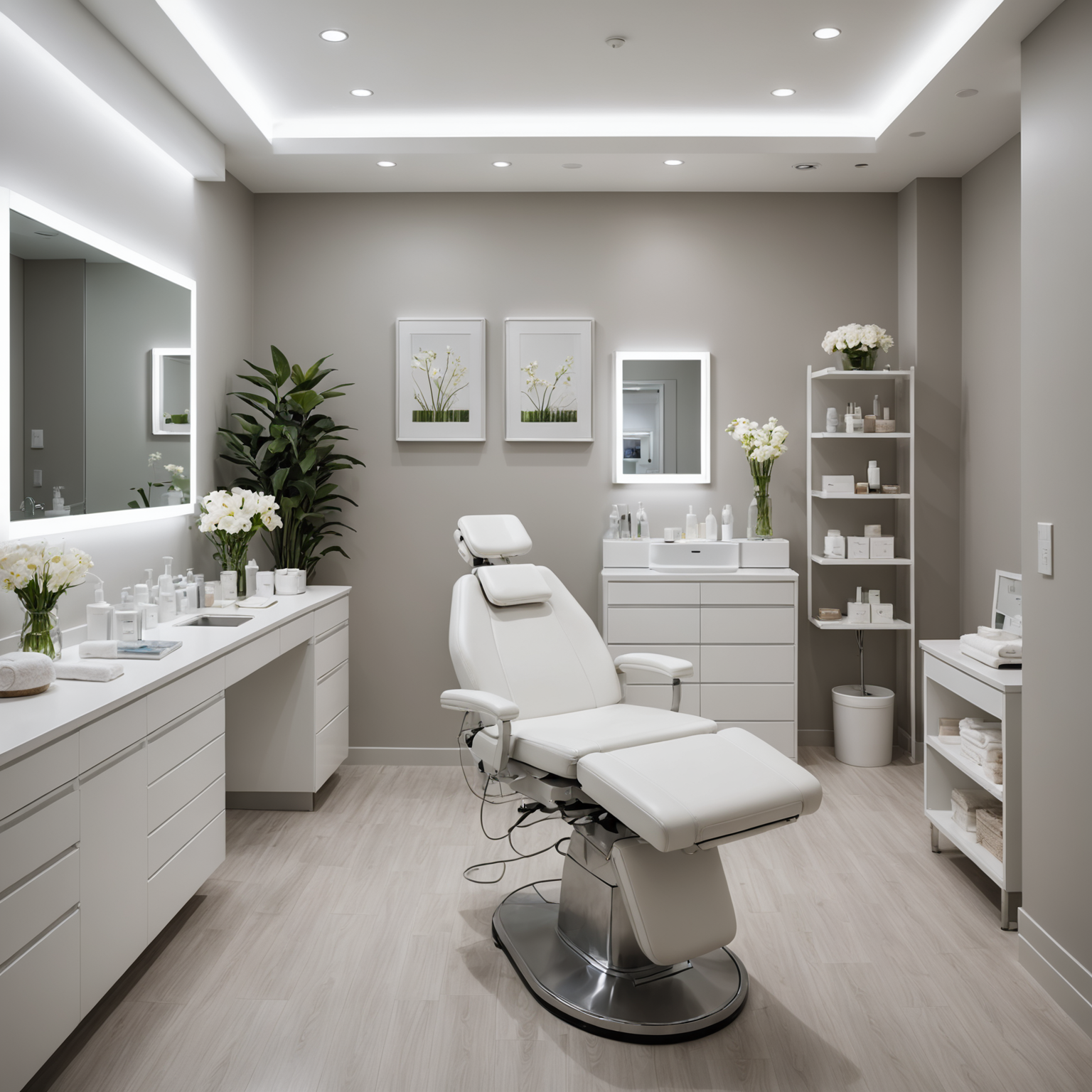 A serene cosmetic clinic treatment room with ambient lighting and neatly arranged sterile tools.