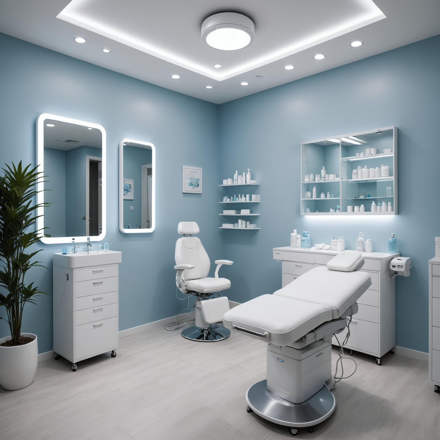 A serene cosmetic clinic treatment room with skincare textures and sterile tools