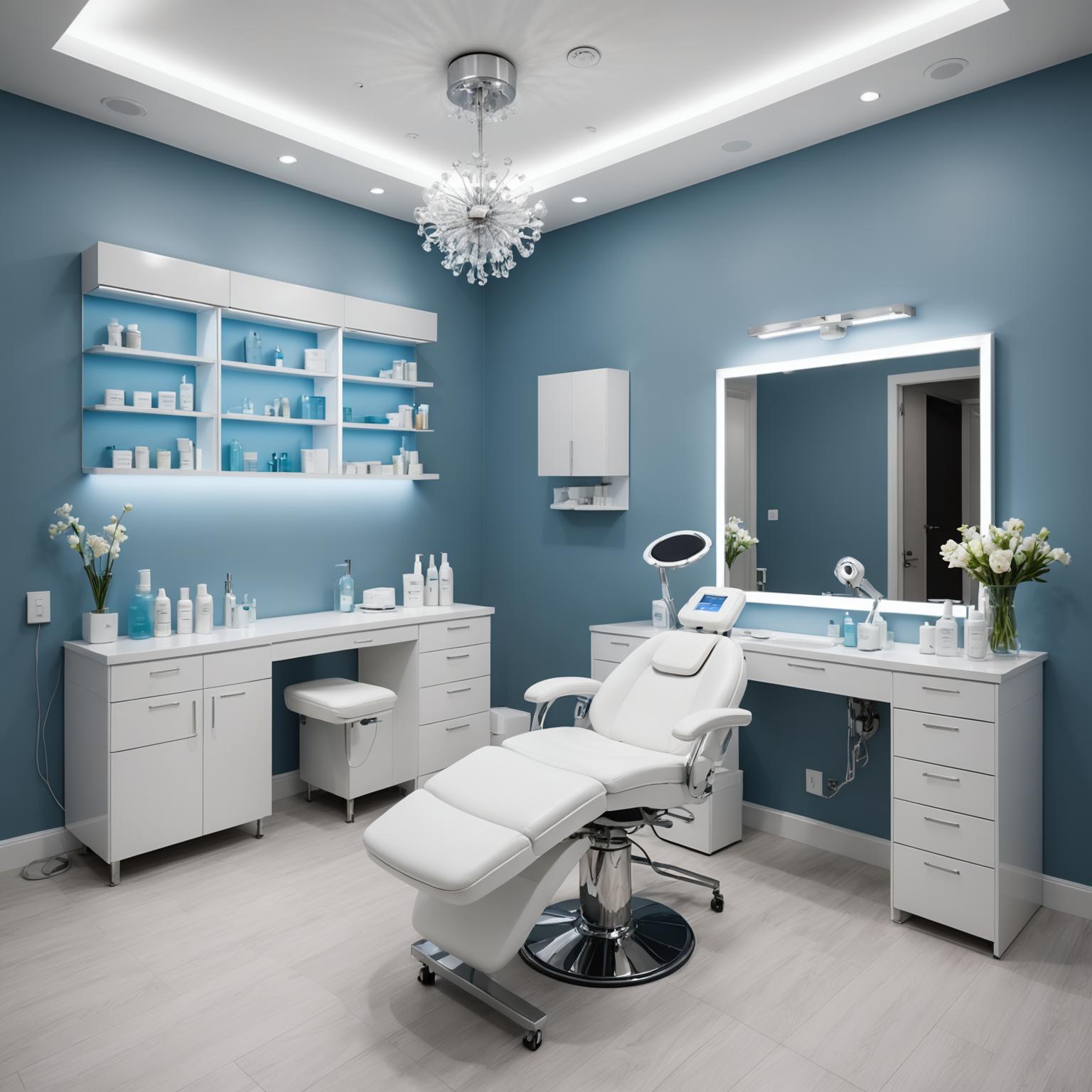 A serene cosmetic clinic treatment room with skincare tools neatly arranged