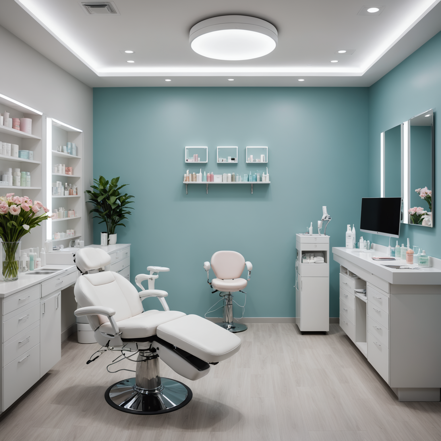 A pristine cosmetic clinic treatment room with sterile tools and plush setting
