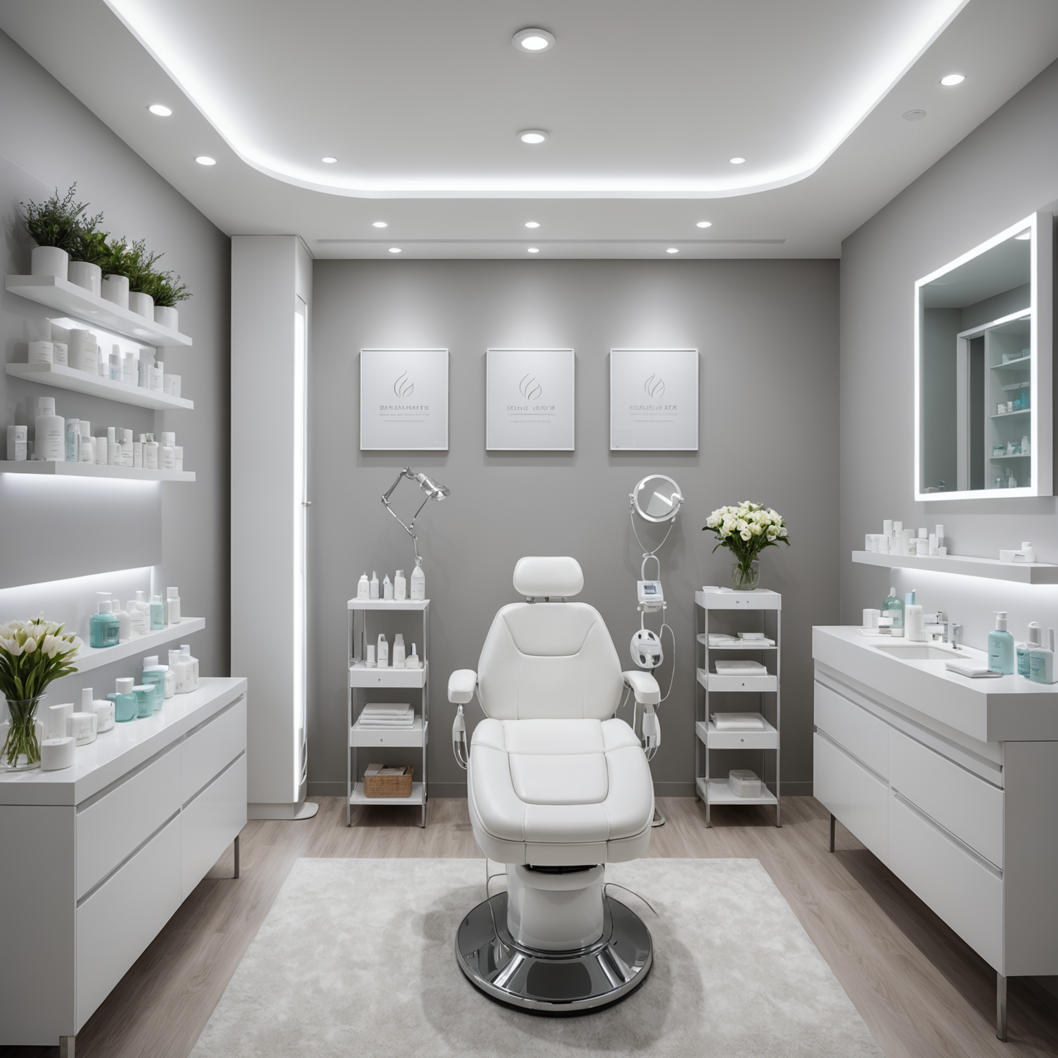 A serene treatment room in a cosmetic clinic, featuring skincare textures and sterile tools.