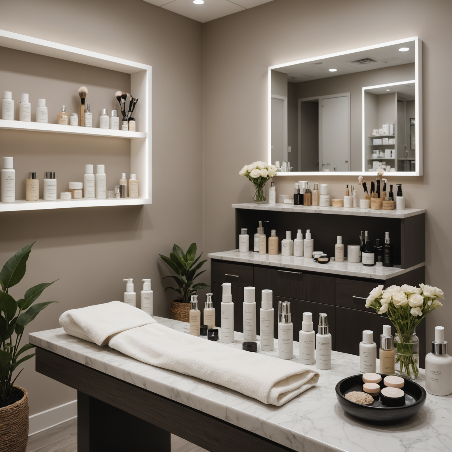 A serene cosmetic-clinic treatment room with esthetician hands preparing tools, showcasing skincare textures and sterile environments.